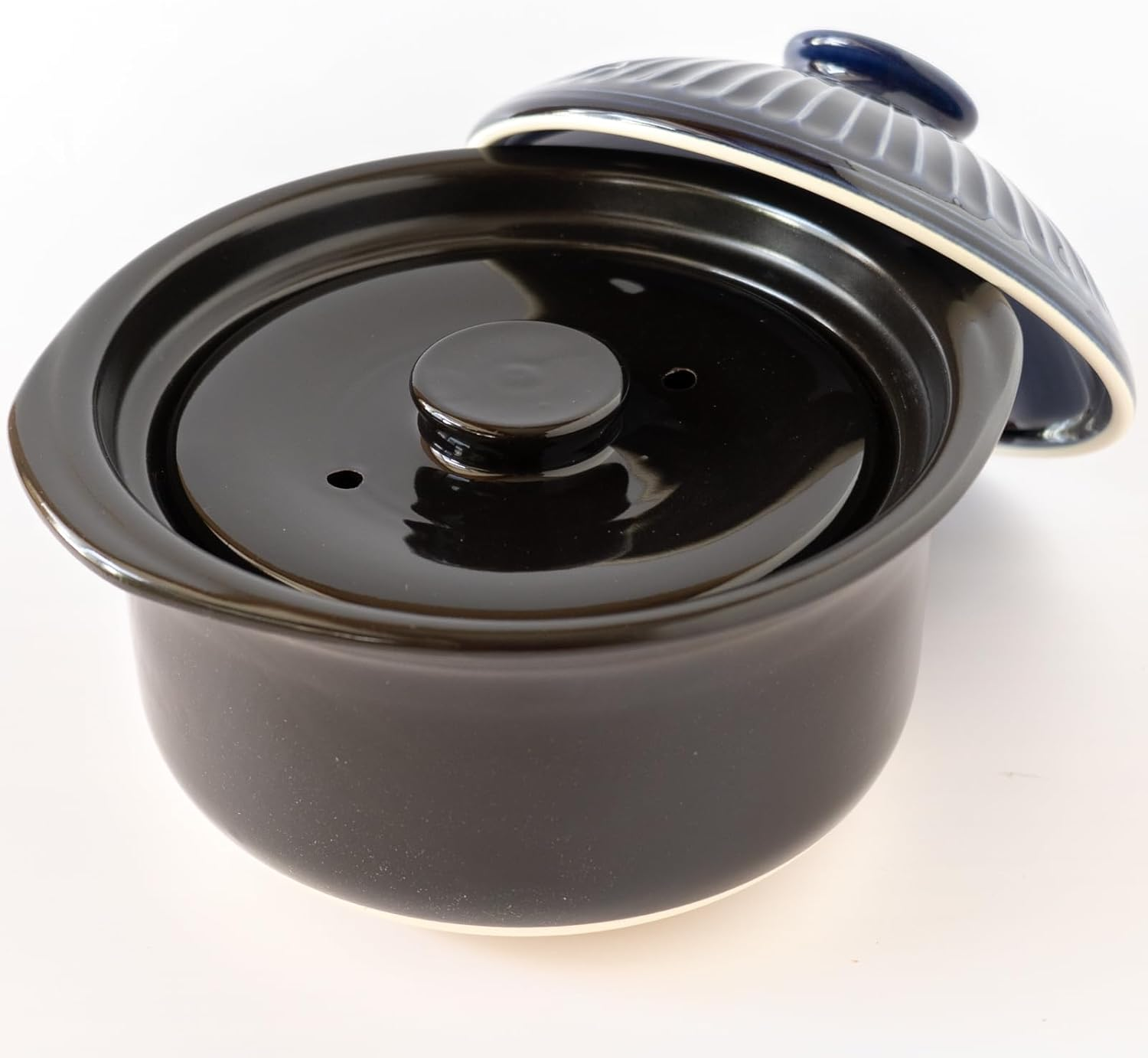 Ginpo Touki 46161 Banko Ware Ginpo Chrysanthemum Rice Pot, 2 Cooking, Double Lid, Rice, Earthenware, Compatible with Direct Fire, Lapis Glaze, Blue, Made in Japan