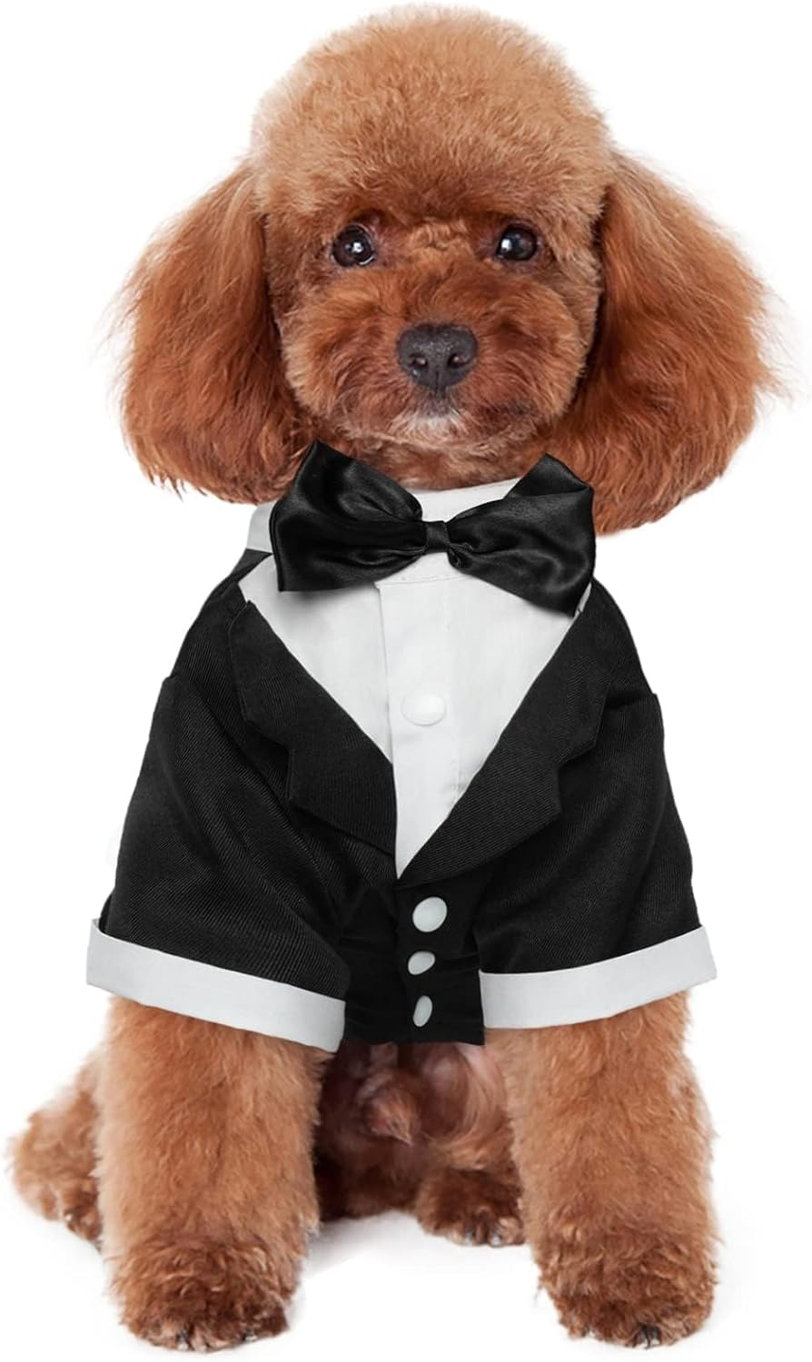 Kuoser Dog Tuxedo,Dog Wedding Suit with Bow Tie Formal Dogs Tux Pet Wedding Party Birthday Costume,Doggy Valentines Christmas Halloween Graduation Outfit Cosplay for Small Medium Large Dogs,Black S