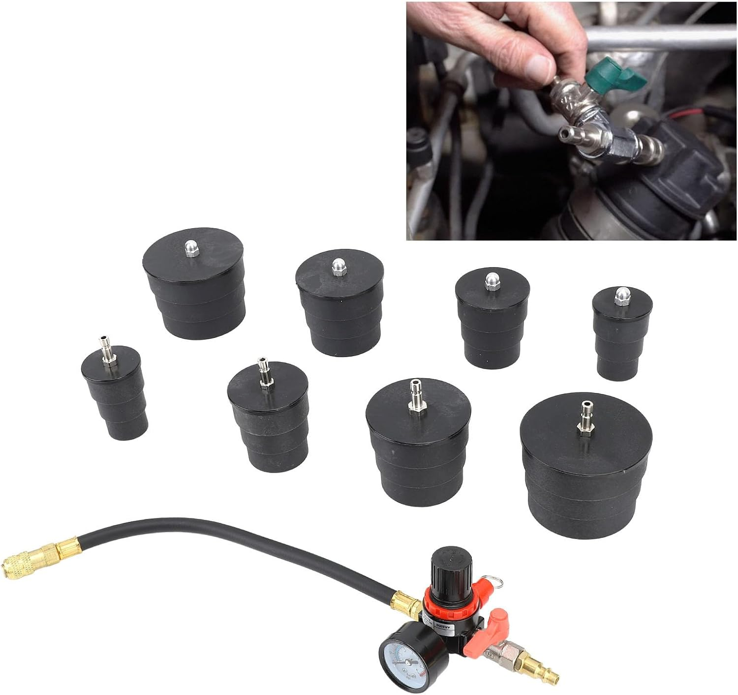 Turbo System Leakage Tester, 9 Pcs Metal Automotive Turbocharger Turbo Boost Leak Tester with 35Mm to 90Mm Adapter, Regulator, Universal Auto Pressure Tester Leak Detector image number 4