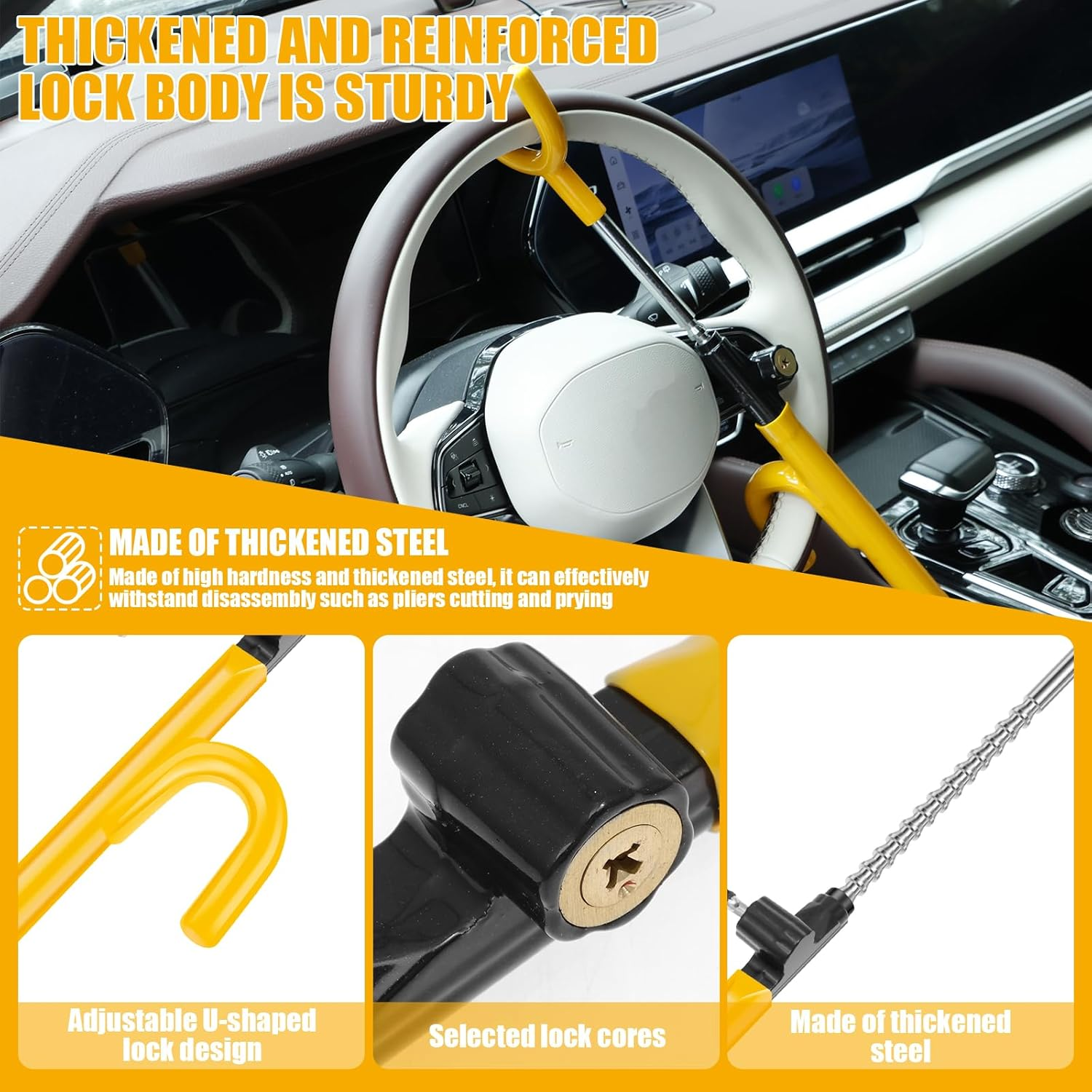 Car Steering Wheel Lock Vehicle Security Lock anti Theft Device Adjustable Car Steering Wheel Locks with 2 Keys for Cars Trucks Vans and Suvs Easy Installation (Yellow, 1Pc) image number 4