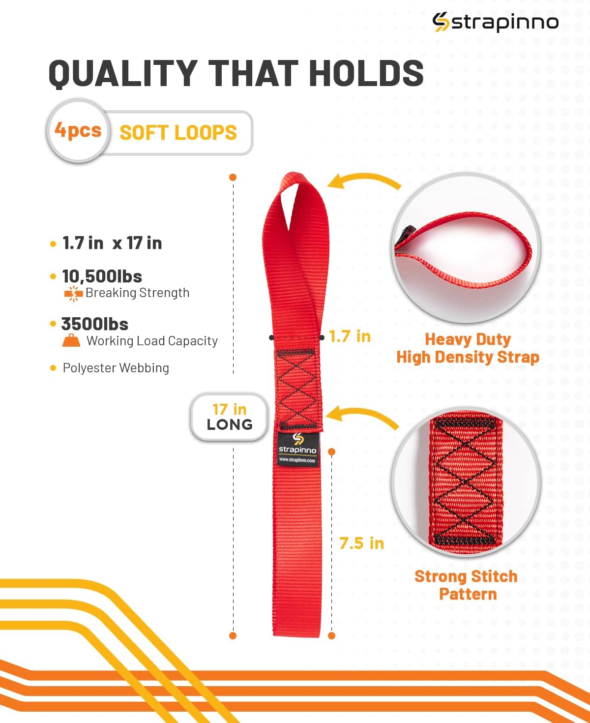 Strapinno 4Pcs. Soft Loop Tie-Down Straps -1.7 in X 17 in Straps with 10,500Lbs Breaking Strength and 3,500Lbs Working Load Limit Each, Ideal for Securing ATV, UTV, Vehicles, and Other Equipment(Red) image number 2