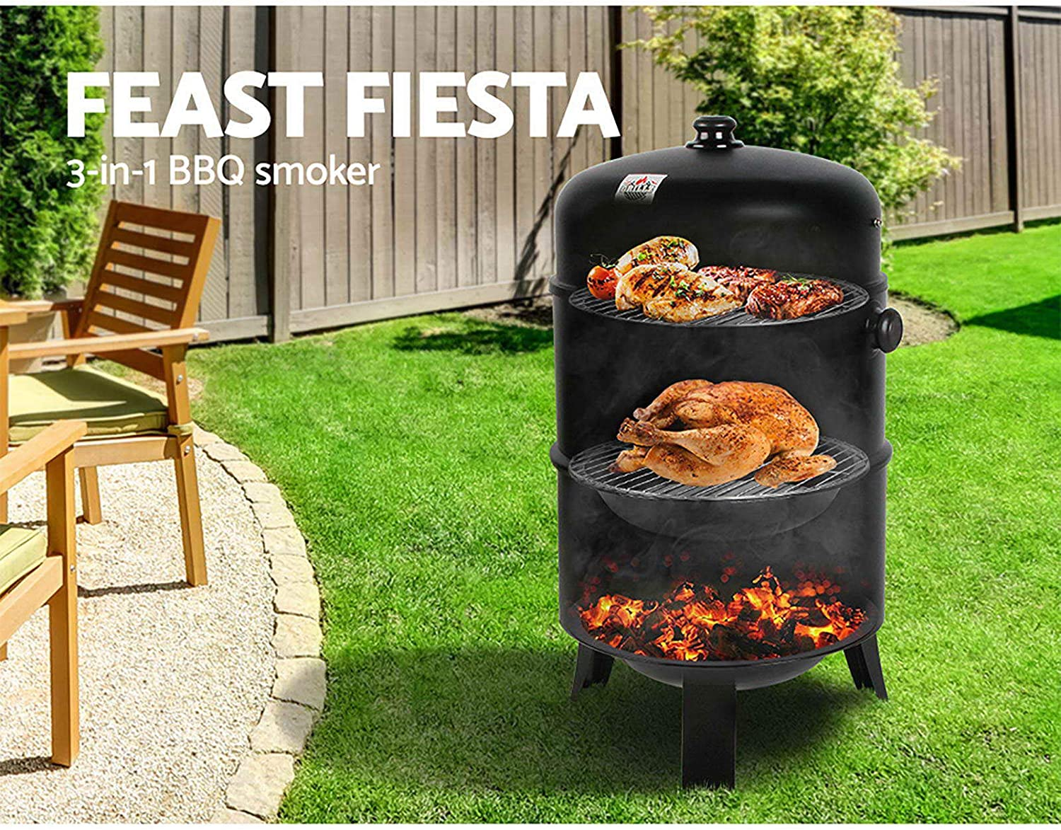 Grillz 3-In-1 Charcoal BBQ Smoker - Black image number 2