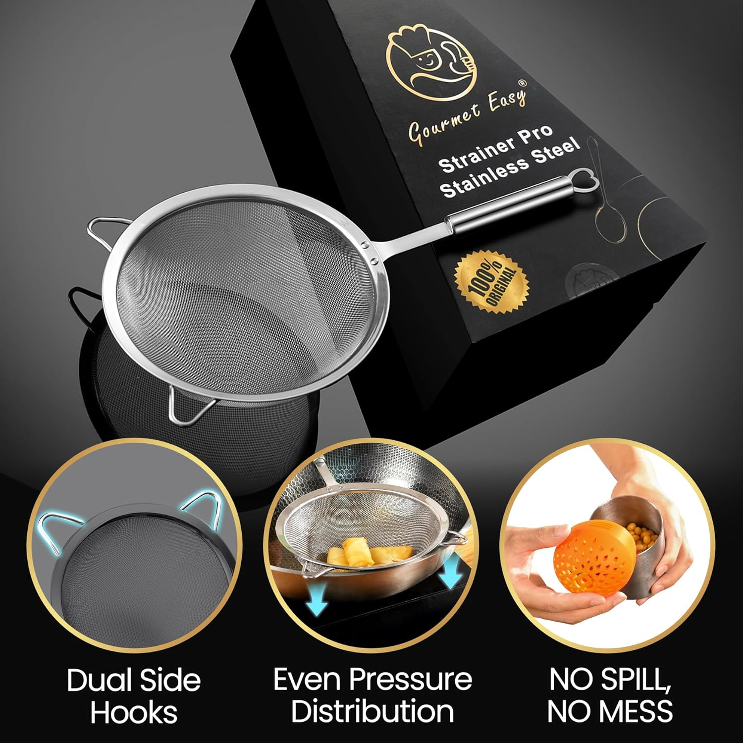 Stainless Steel Strainer Set, 1 Large Pasta & Rice Strainer for Kitchen + 1 Small Fine Mesh Strainer with Handle + 1 Silicone Can Strainer, Flour Sifter for Baking, Kitchen Strainer Fine Mesh (SS) image number 1