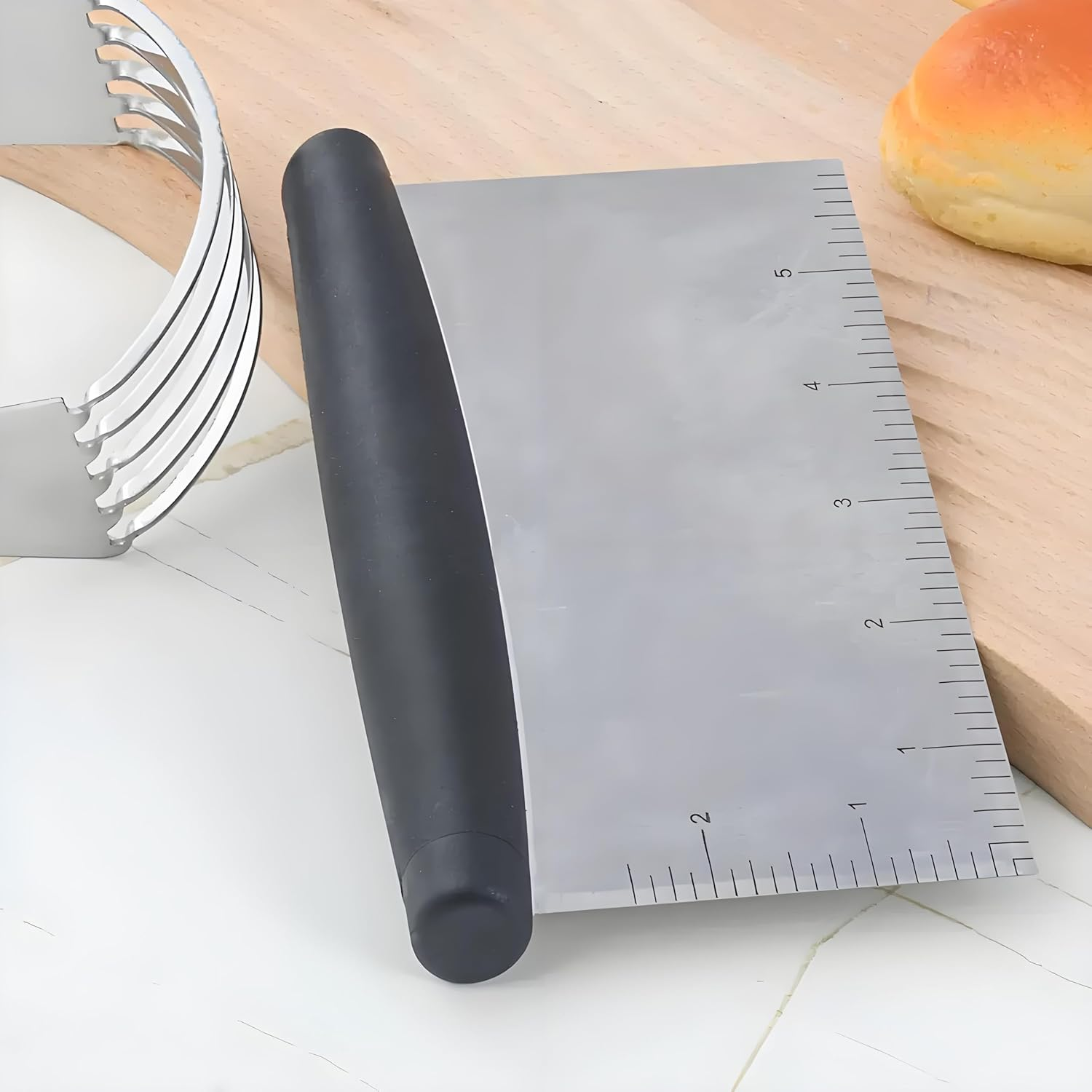 Dough Scraper with Measuring Scale，Stainless Steel Dough Cutter with Contoured Grip，Food Scraper for Baking Cooking， Kitchen Tools Gadgets image number 1