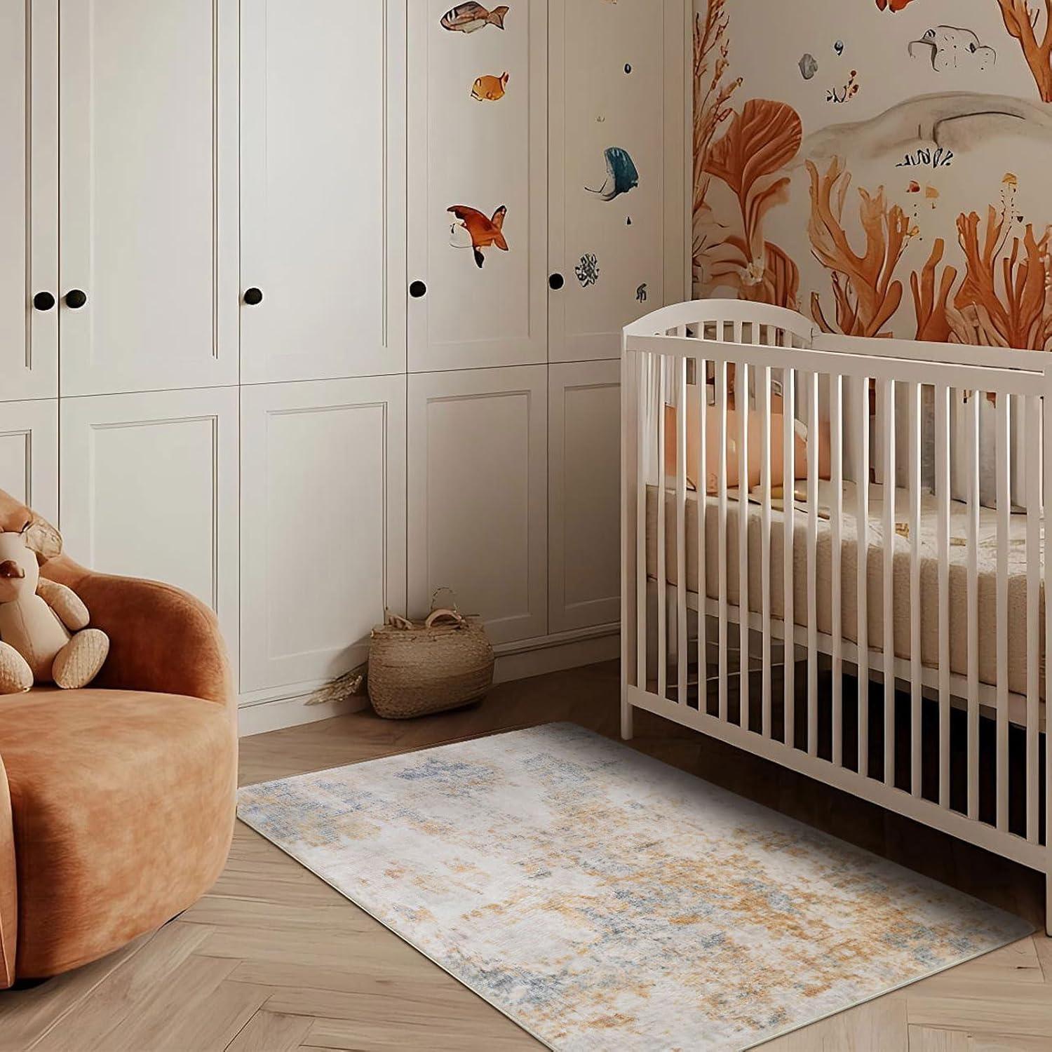 Safunion Area Rugs Living Room Rugs for Bedroom Kitchen Non-Slip Carpet Modern Abstract Rug Soft Floor Mat Home Decor Carpet (Abstract Grey/Blue/Gold/Multi, 200X300Cm)