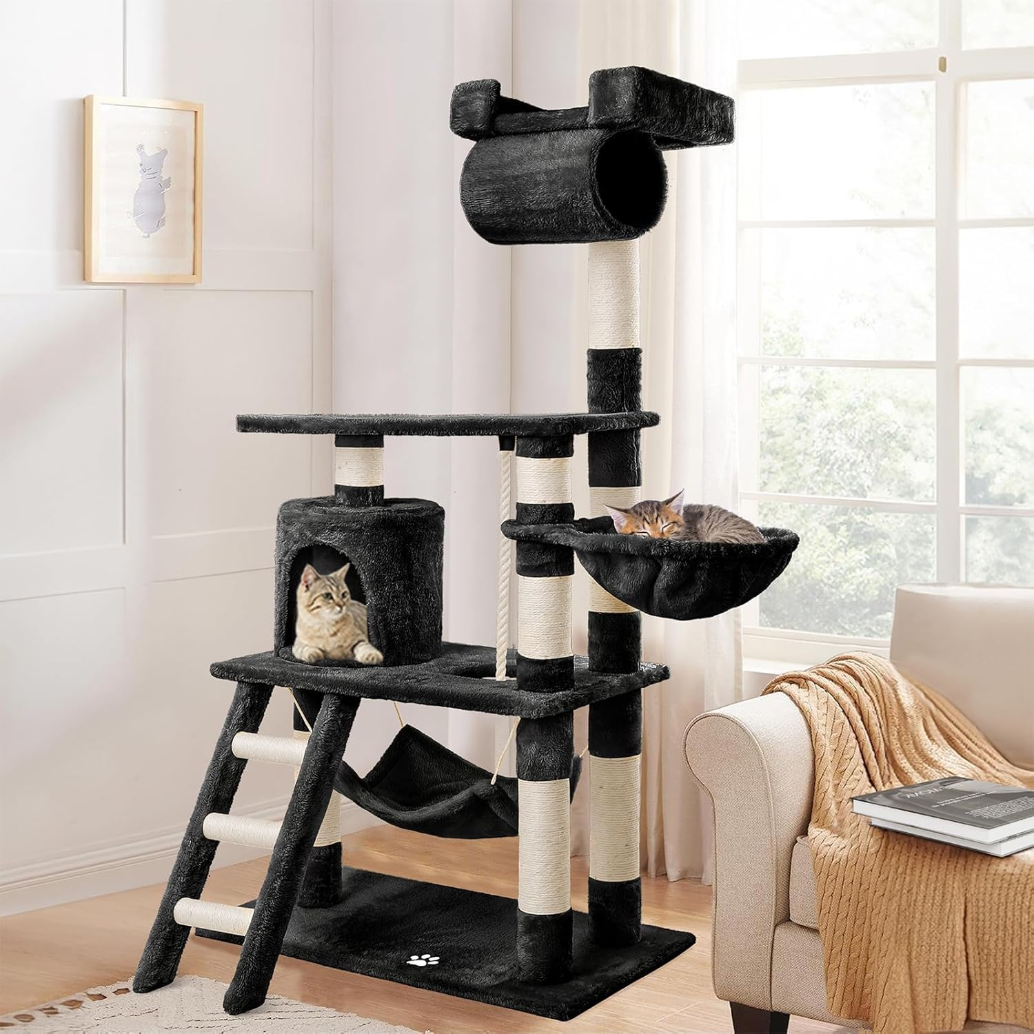 BEASTIE 141Cm Cat Tree Multi-Level Scratching Post Play Tower Pole Condo House Furniture Wood in Black Colour image number 3