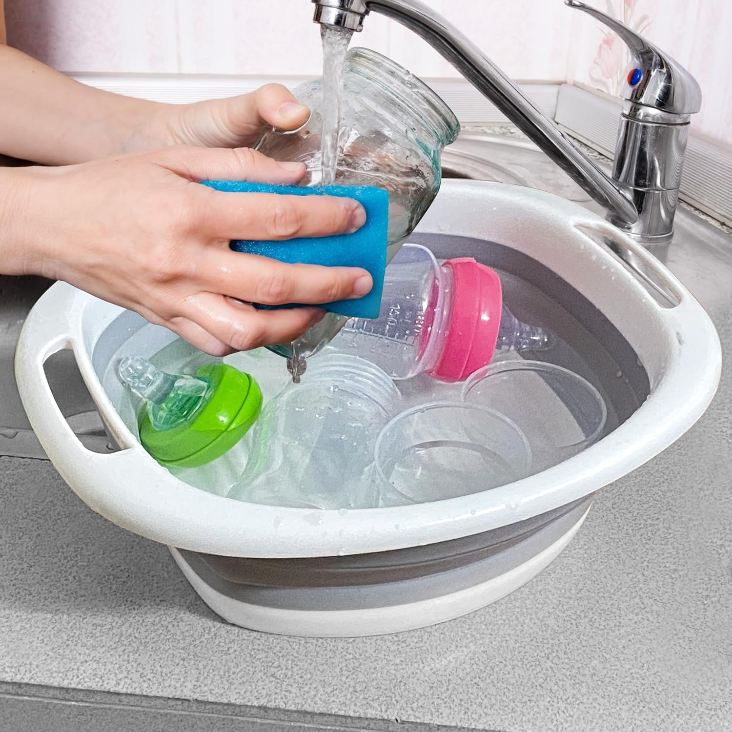 KEUYE Baby Bottle Wash Basin,Collapsible Baby Bottle Dishwasher Baskets,Baby Bottle Tub for Sink,Reusable Baby Bottle Sink Basket for Home and Travel image number 5