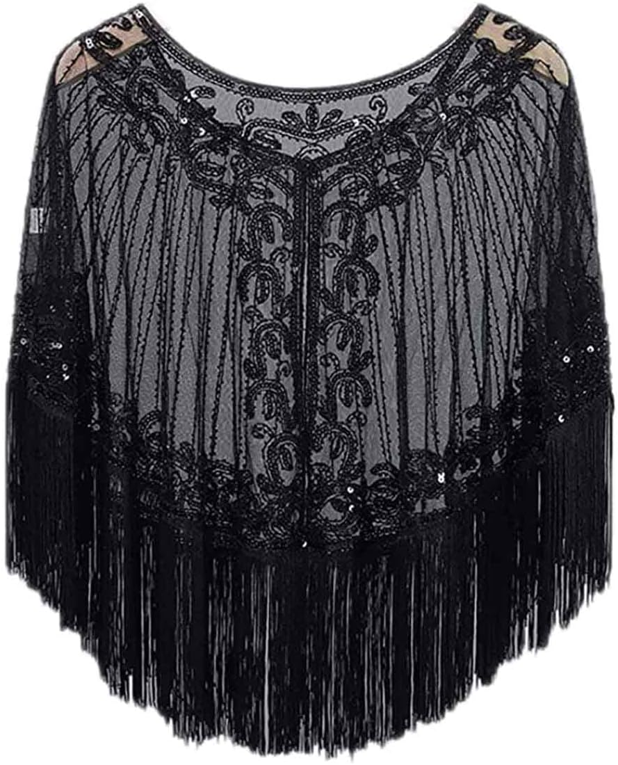 Fringed Bridal Evening Cape Beaded Sequin Deco 1920S Wraps Shawl Capelet Bolero Flapper Cover Up