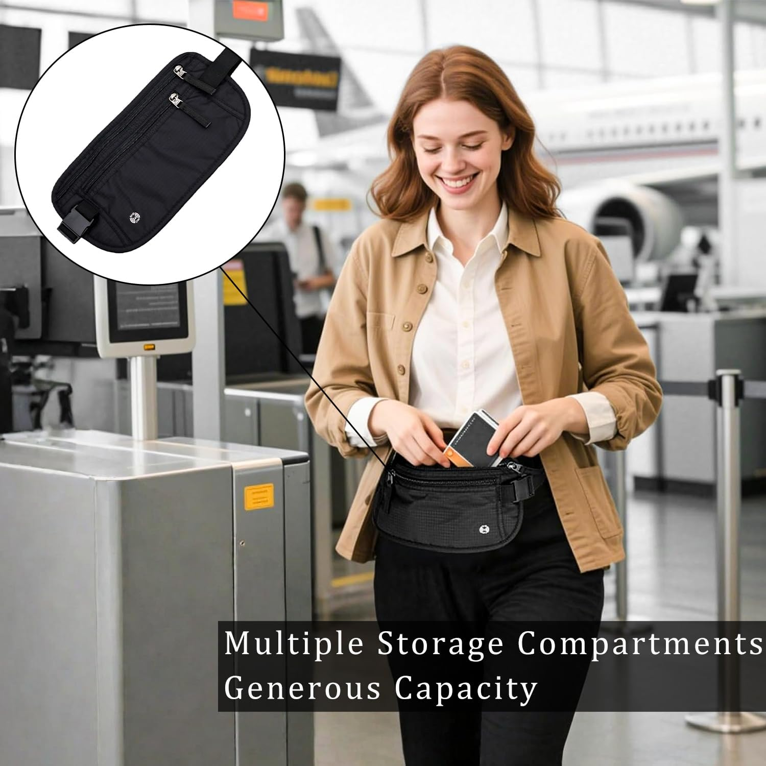 Waist Pack anti Theft,Ultra-Slim Money Belts for Travel Hidden,Travel Money Belt with RFID Blocking,Secure Travel Money Belt,Passport Holder,Anti-Pickpocket Protection for Cash (Black) image number 4