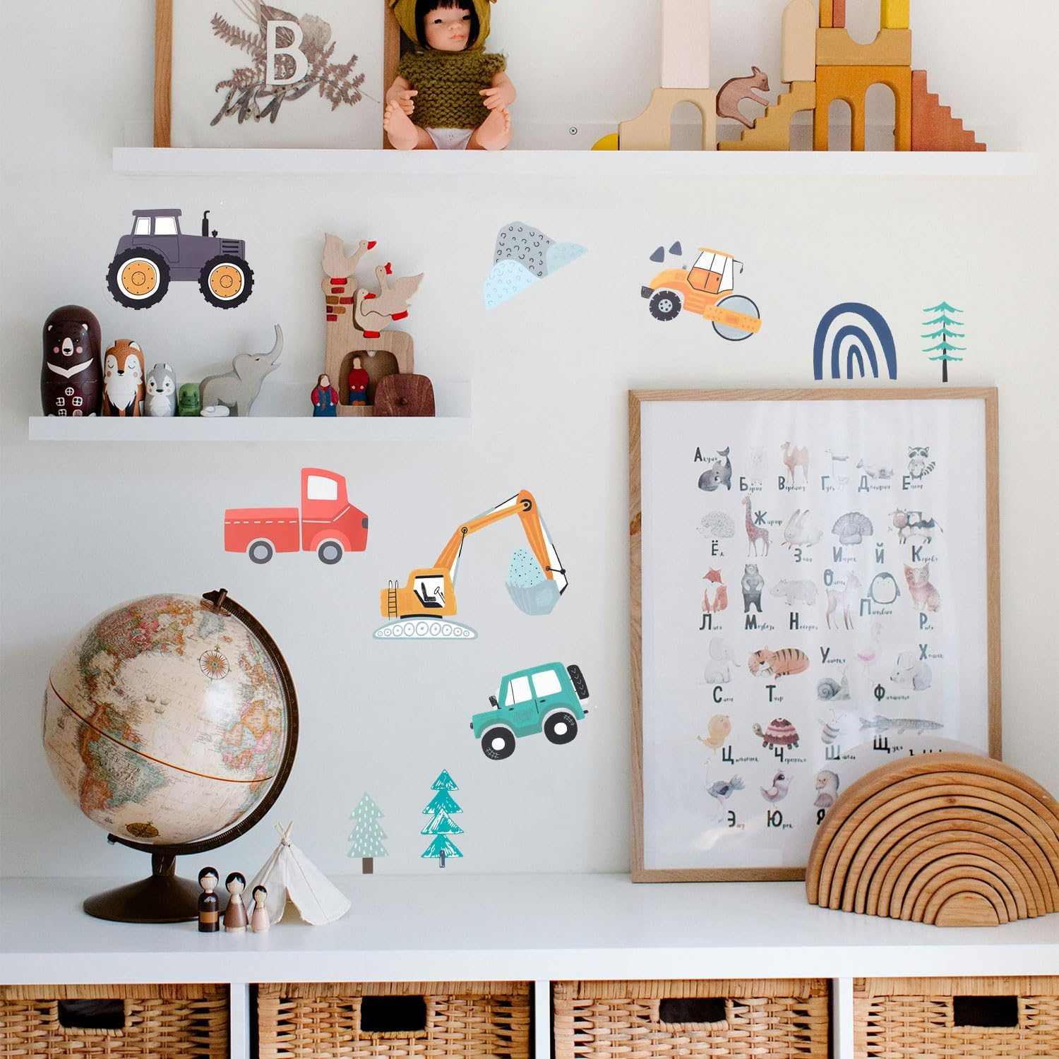 90Pcs Construction Vehicles Wall Decals, Boho Transportation Wall Stickers Engineering Vehicles Excavator Crane Trucks Peel and Stick Wall Decors for Boys Kids Babies Bedroom Decoration image number 5