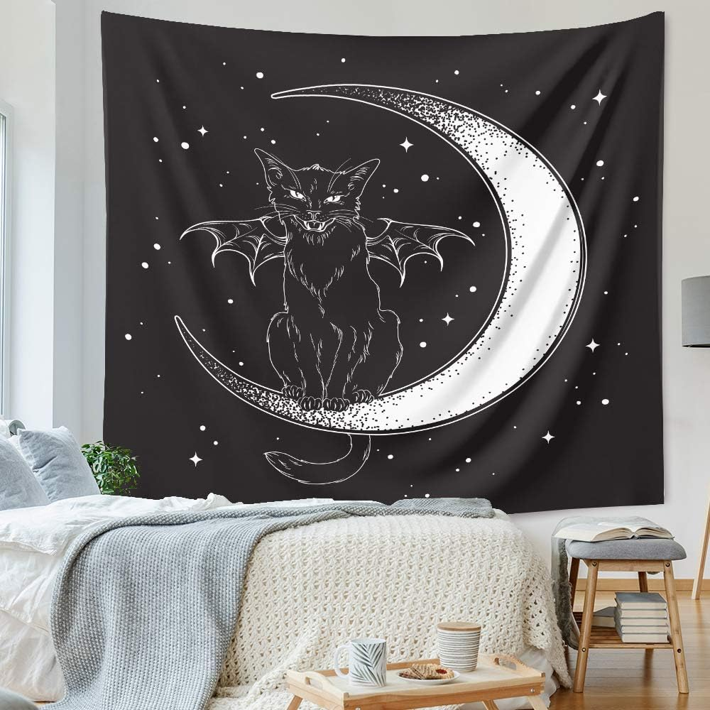 DYRLHZ Black and White Wing Cat on Moon Tapestry, Creepy Hippie Spooky Monster Wall Hanging Tapestry, for Living Room Bedroom Home Decor (59'' X 79'', Cat Bat) image number 4