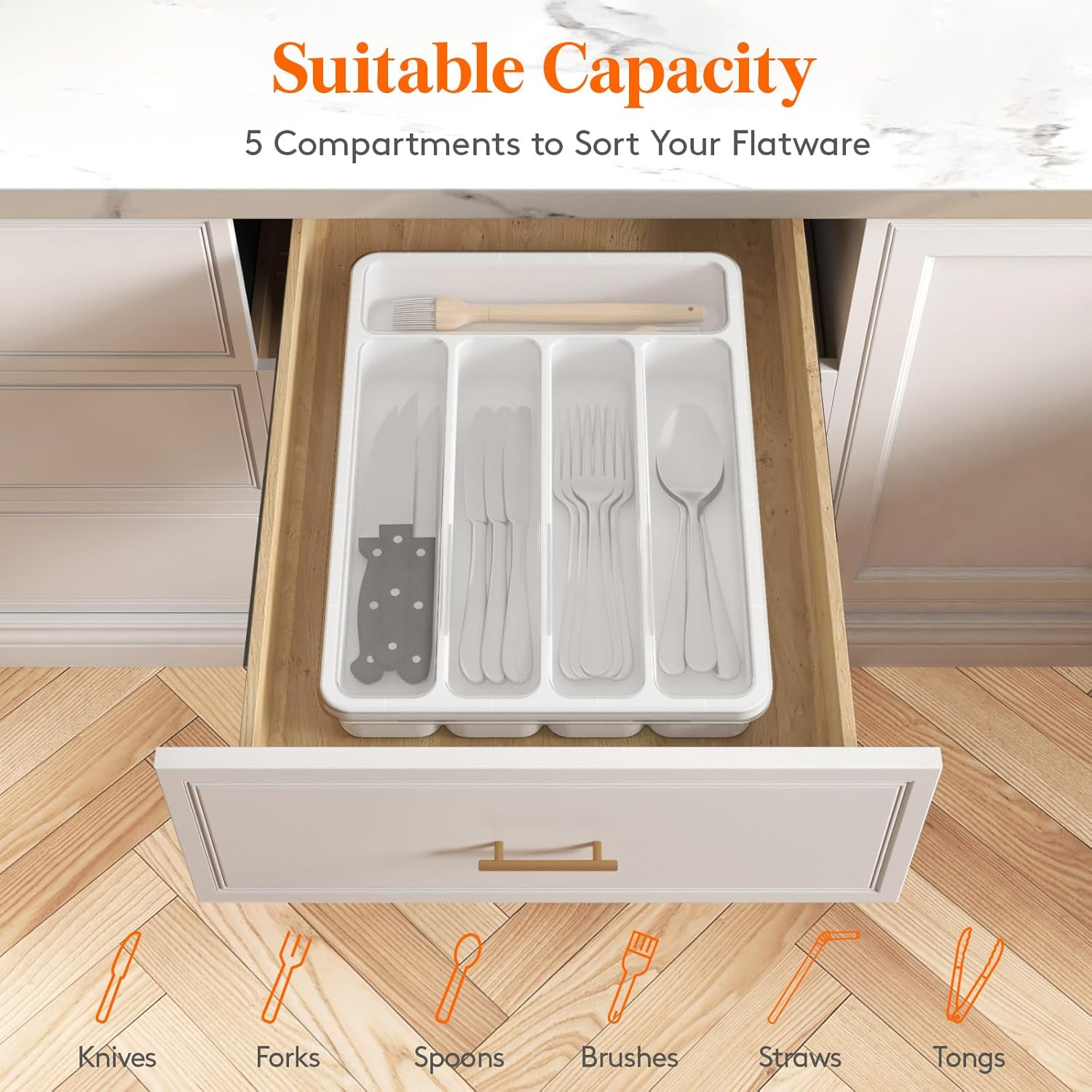 Lifewit Silverware Organizer with Lid, Covered Utensil Tray for Kitchen Drawer and Countertop, Plastic Cutlery and Flatware Storage Box for Spoons Forks Knives Holder Case, 5 Compartments, White image number 5