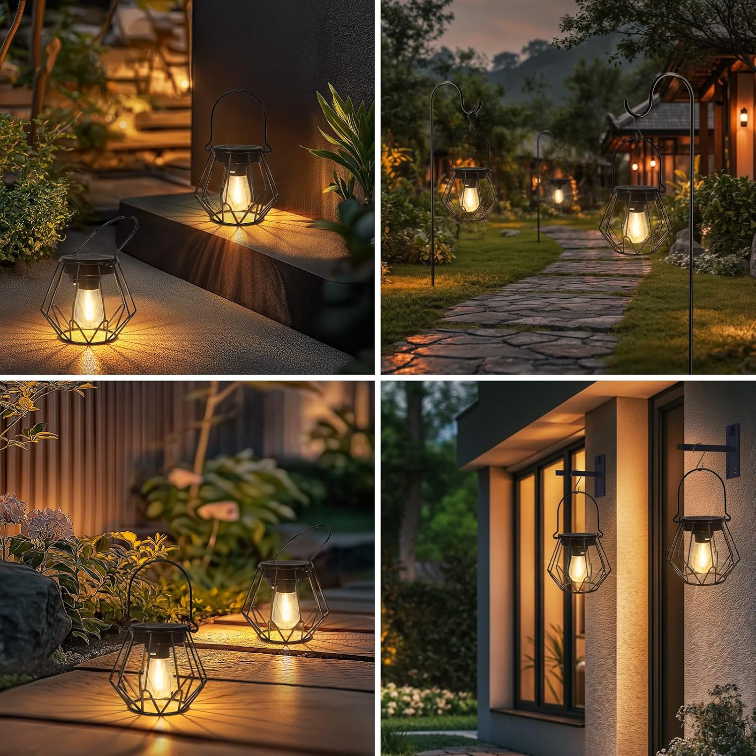 Ketom Pack of 2 Solar Lights for Outdoor Hanging, IP65 Waterproof Metal Solar Lantern for Outdoors, Retro LED Solar Lanterns for Outdoor Use for Garden, Patio, Path, Camping, Lawn, Black, V-Shaped