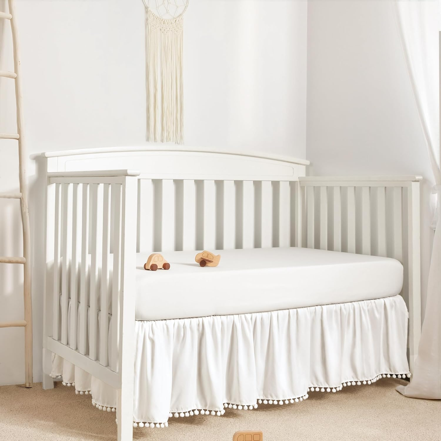 TILLYOU Baby Crib Skirt Girls Boys, Ruffled Bed Skirt with Pompoms, 28&rdquo;X 52&rdquo;, 14'' Drop, White