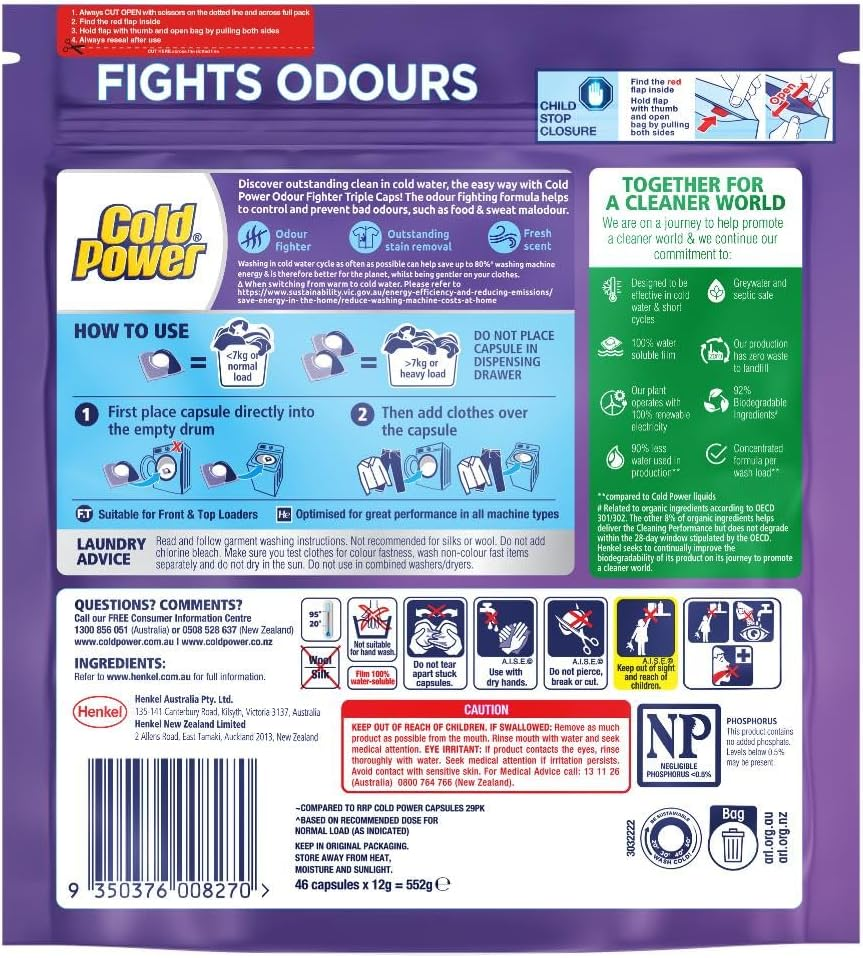 Cold Power Triple Odour Fighter Laundry Detergent Capsule (46 Washloads)