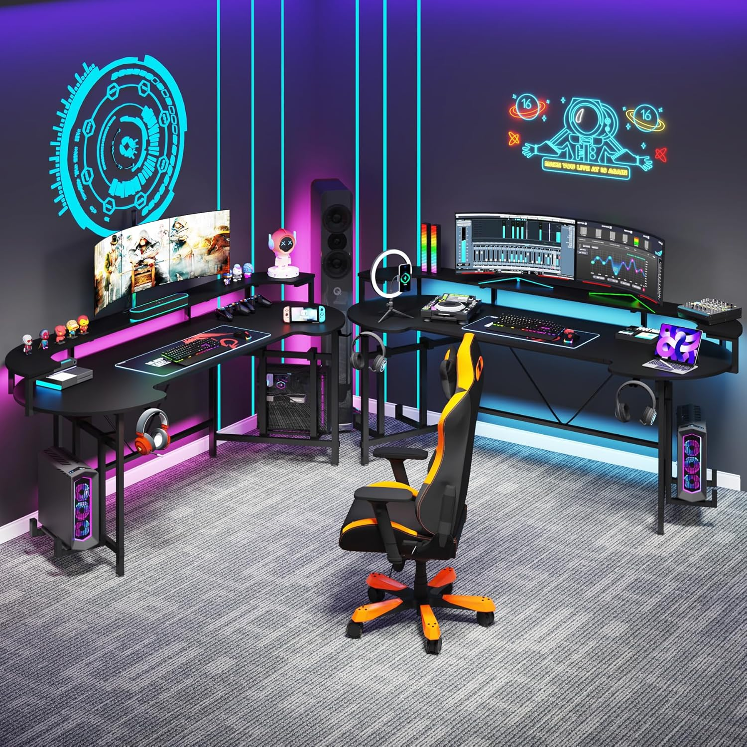 Tribesigns 190 Cm Gaming Desk with Shelf, Large RGB Gaming Table, Computer Gaming Table, Carbon Fiber Gamer Desk for Bedroom, Home Office, Black image number 1