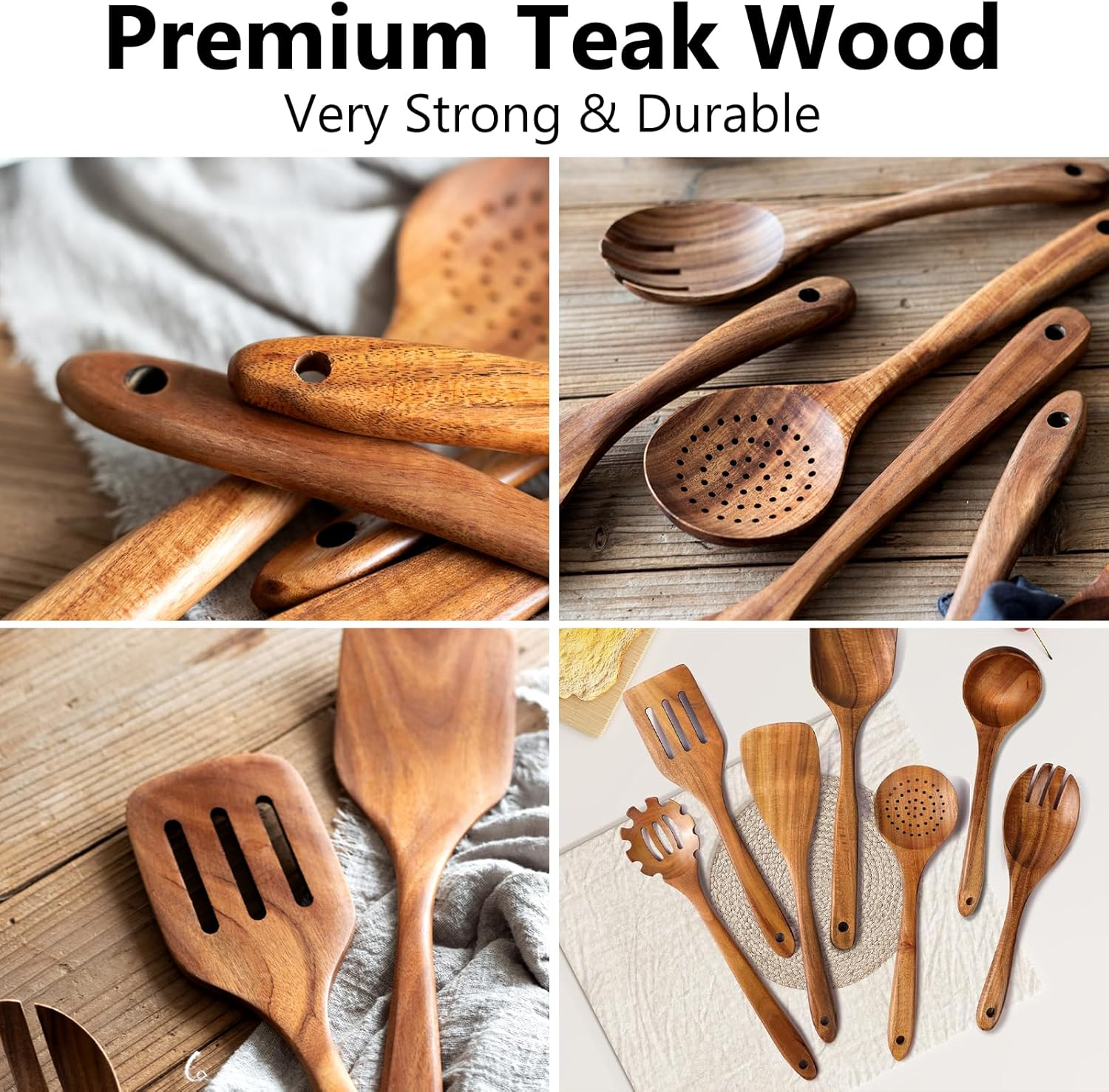 CATZONS Wooden Spoons for Cooking, Teak Wooden Kitchen Utensil Set - with Holder & Spoon Rest, Smooth Finish Comfort Grip Teak Wooden Spatula Set, 7 PCS Set