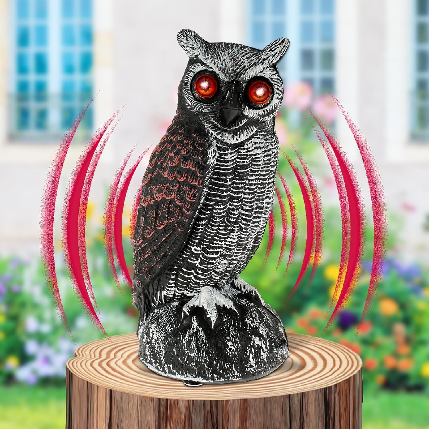 Owl Decoy to Scare Birds Away, Solar Powered Fake Owl Scarecrow Plastic Owls Waterproof Owl Statue with Flashing Eyes & Scary Sound Bird Deterrents for outside Garden Yard Patio (Black)