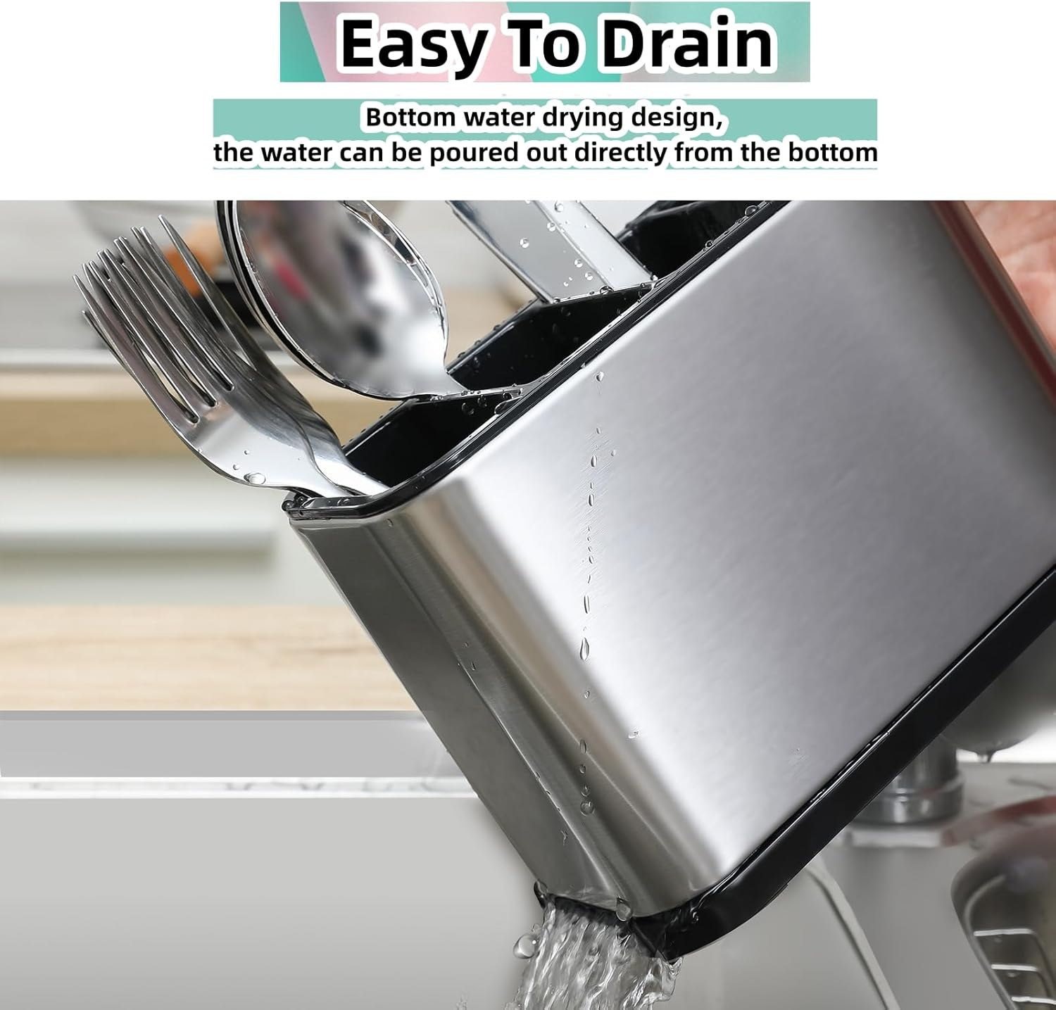 LIBODOUR Utensil Holder Utensil Crock Kitchen Utensil Organizer Stainless Steel Kitchen Utensils Silverware Caddy Large Capacity Flatware Caddy Spoon Spatula Utensil Storage for Kitchen Countertop image number 4