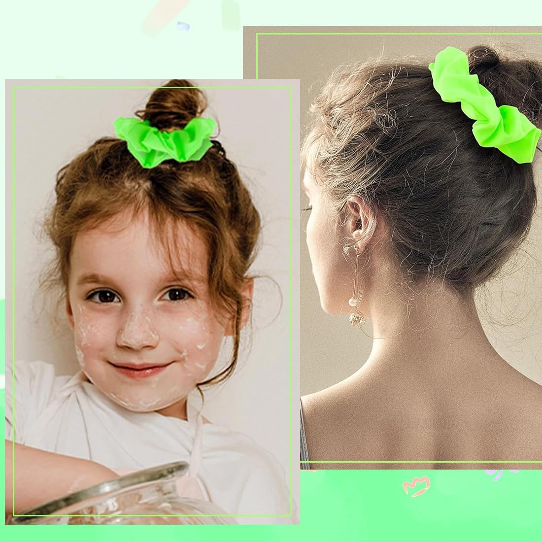 KSJEHW Pack of 2 Neon Hair Bobbles Scrunchie Large Women'S Hair Bobbles Elastic Hair Bands Ponytail Holder for Women and Girls Cheerleading Party Outfits Green image number 2
