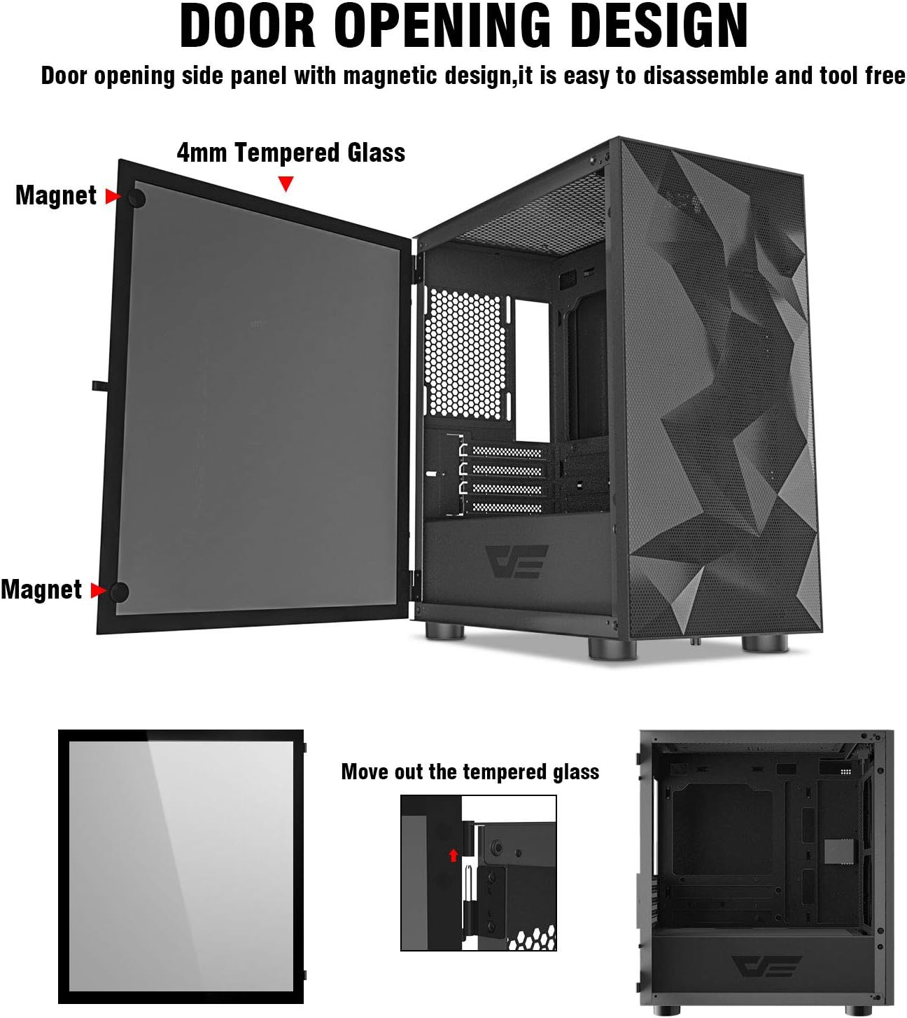 Darkflash DLM21 MESH Micro ATX Mini ITX Tower Microatx White Computer Case with Door Opening Tempered Glass Side Panel & Mesh Front Panel (Black)