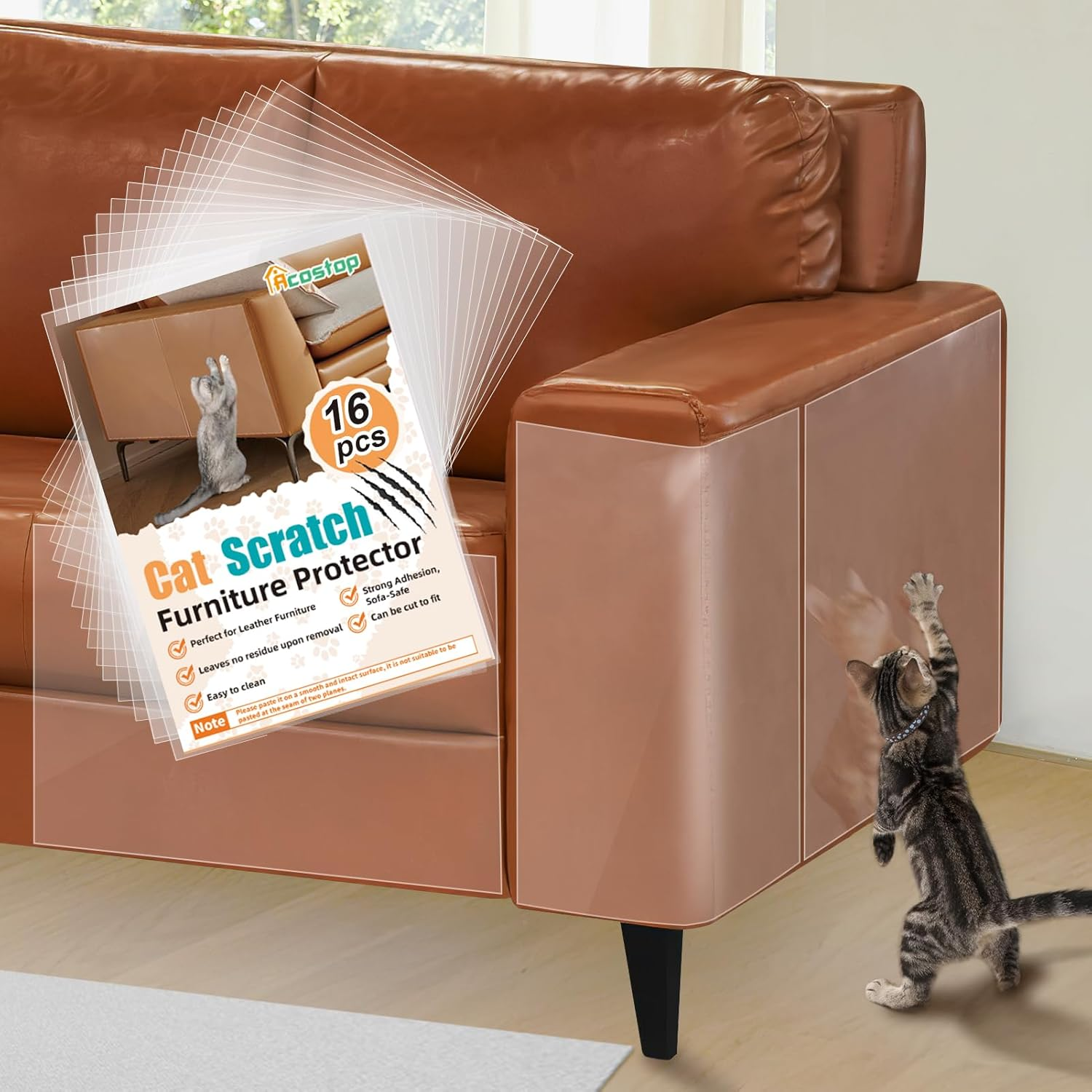 Cat Scratch Furniture Protector - Specially Designed for Leather Furniture, Easy to Remove Anti-Scratch Couch Protector from Cat, No Pins, 16 Pack image number 2