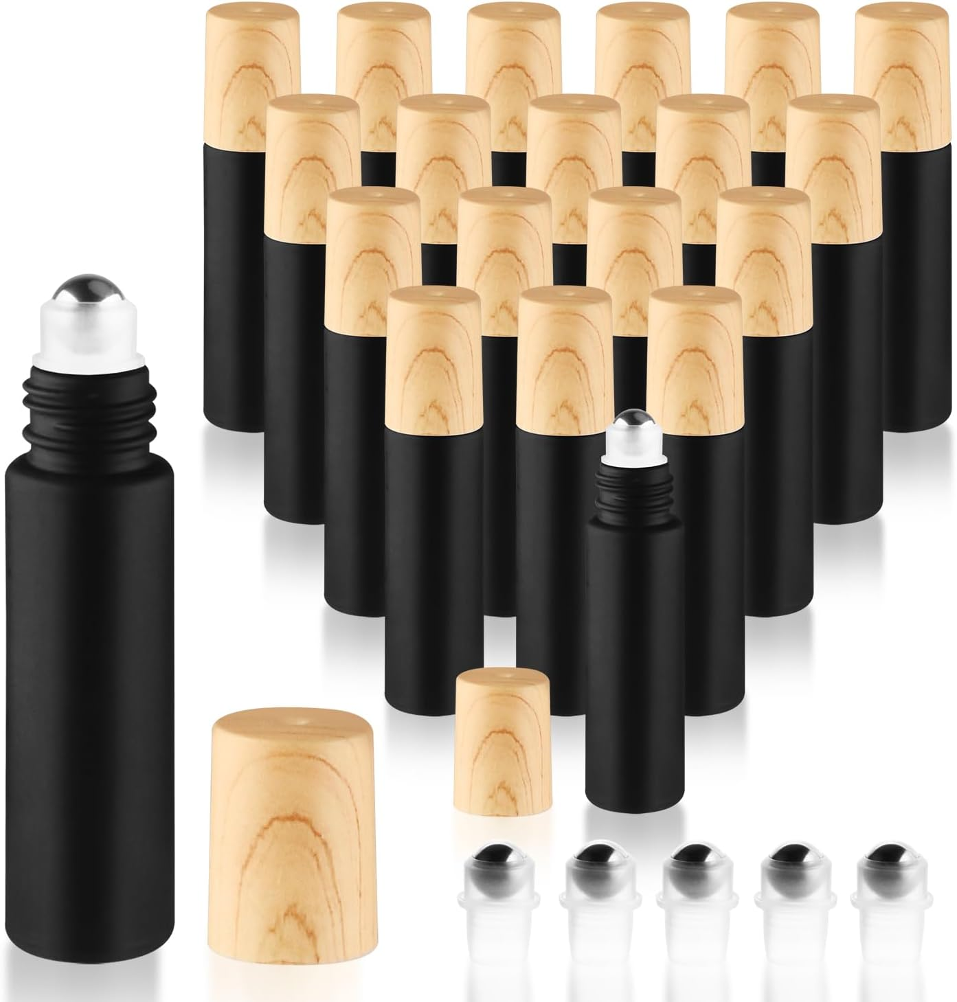 Cositina 20 Pcs 10Ml/0.34Oz Frosted Glass Roller Bottles Refillable Perfume Bottles with Stainless Steel Roller Balls & Wood Grain Lids for Travel Essential Oils - Black