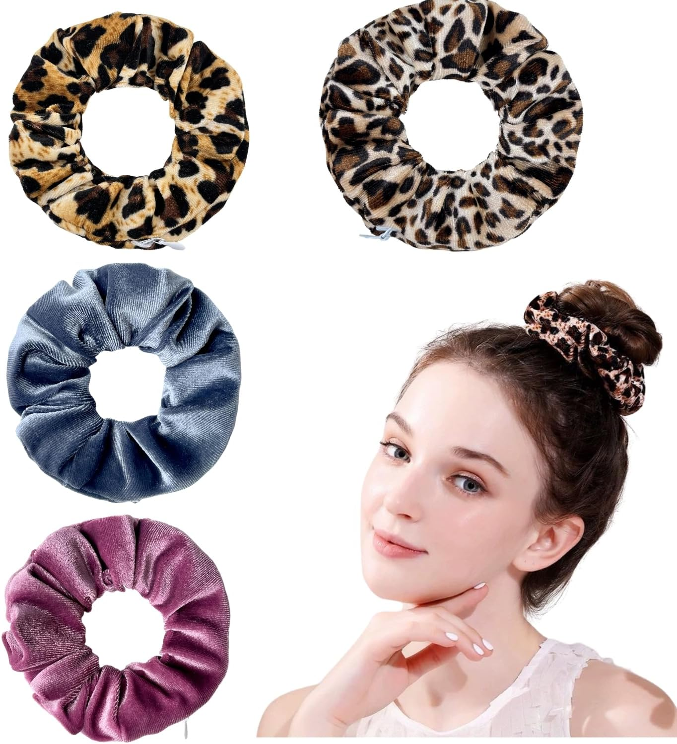 4 X Leopard Print Velvet Hair Scrunchies Yellow Leopard White Blue Pink