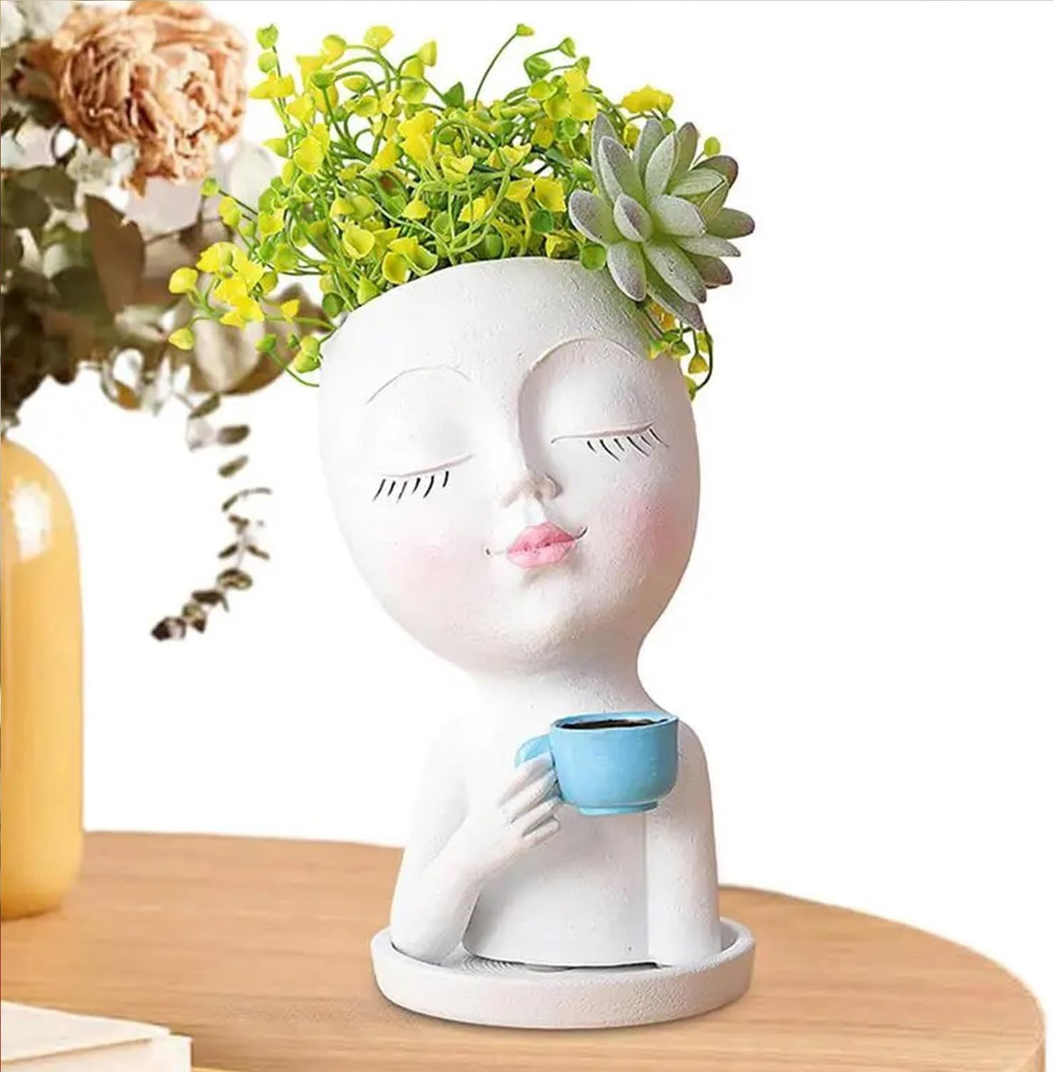 Face Flower Pot Head Planter, Cute Resin Face Planters for Indoor Outdoor Plants, Funny Succulent Planters Plant Pot Face Vase with Drainage Hole and Tray for Home Garden Cactus image number 3