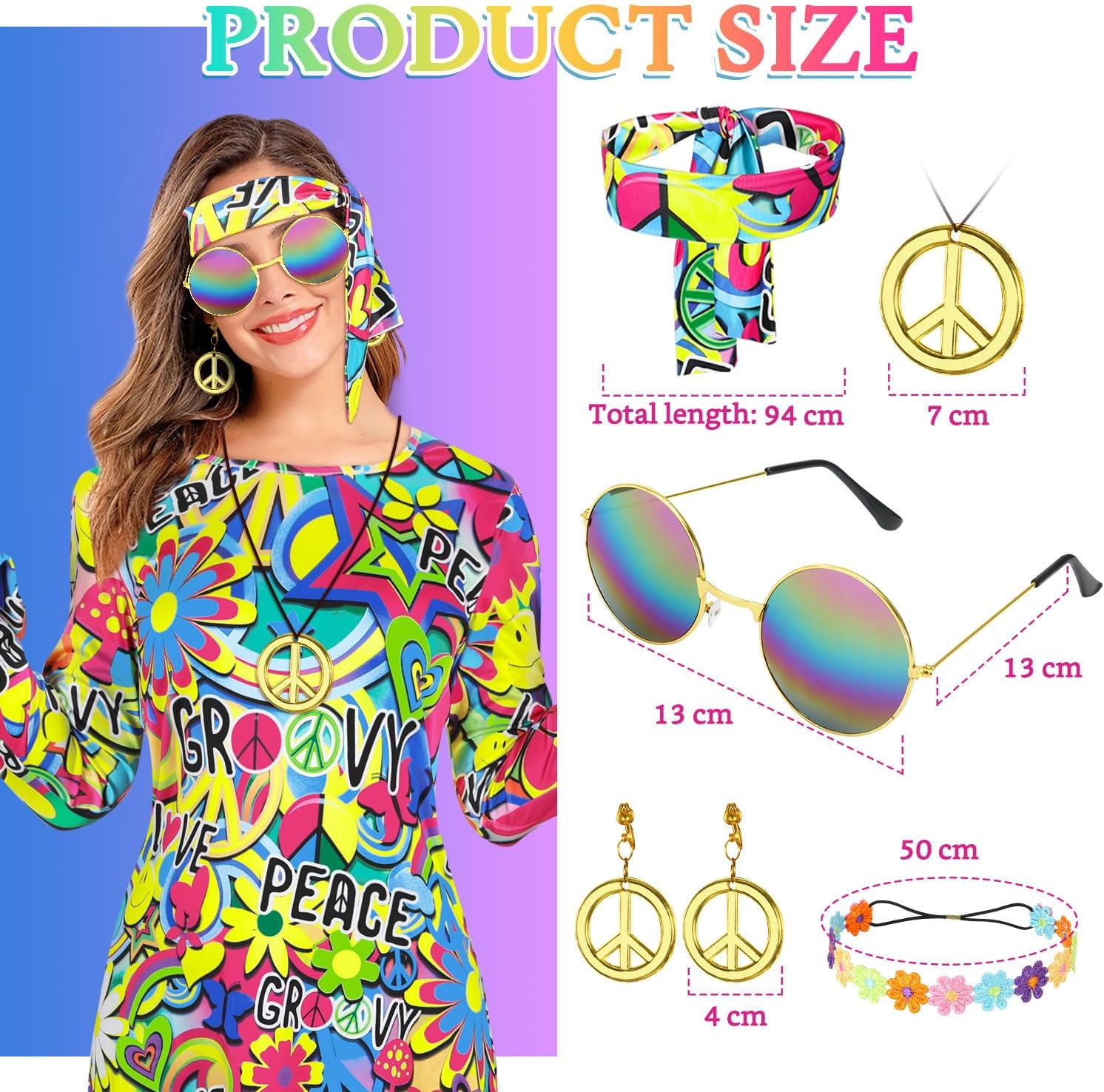 AUTOWT 70S Hippie Costume Women - 7 PCS Disco Dress with Headband Sunglasses Earrings Necklace Daisy Flower Crown, Hippy Disco Clothes Outfit for Fancy Halloween Cosplay Carnival 70S 80S Party image number 5