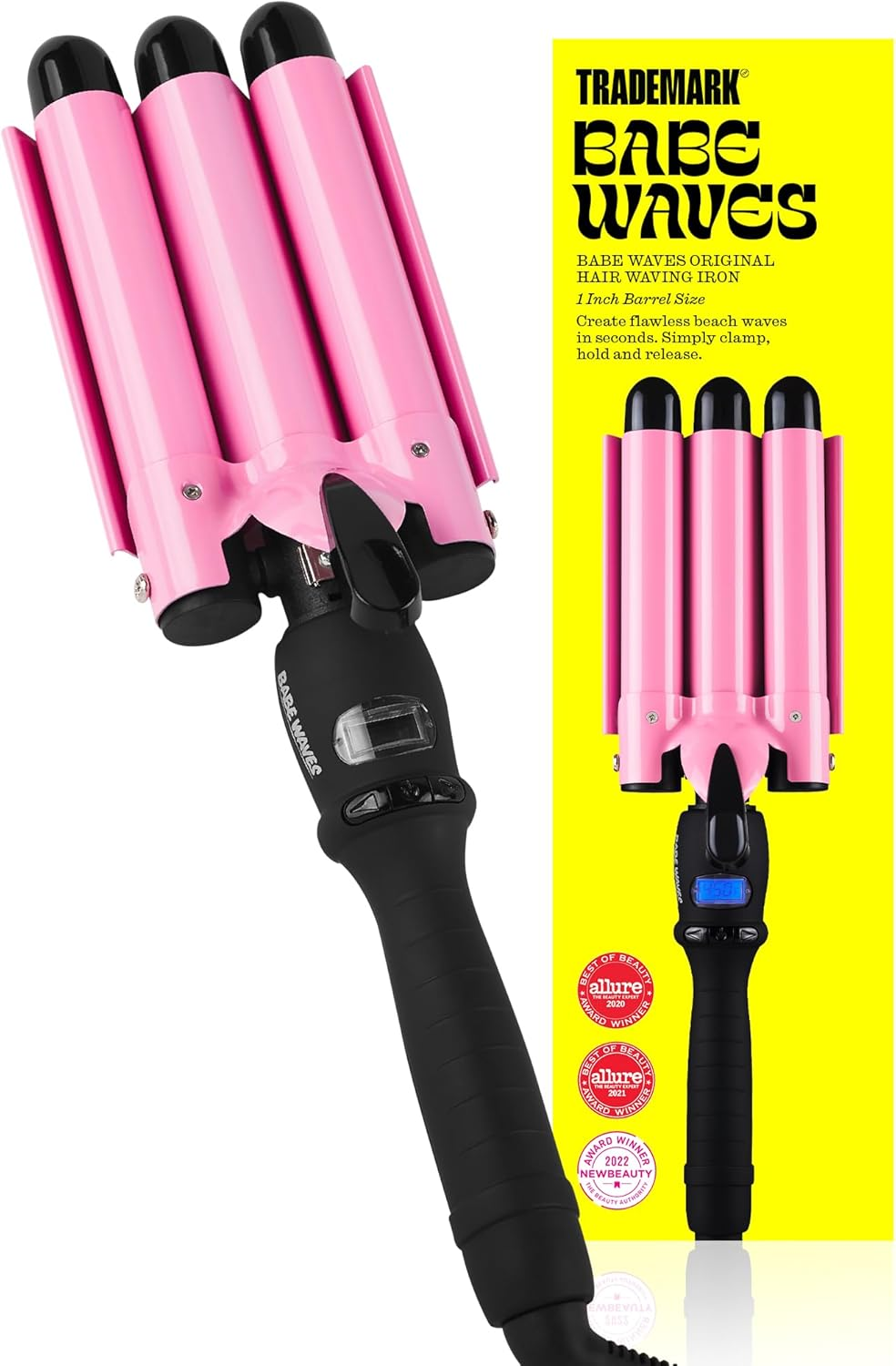 Trademark Beauty Three Barrel Hair Waver, Curling Iron, 1.25 Inch, Beach Waves, Adjustable Temperature Hair Curler, Babe Waves Jumbo - Pink