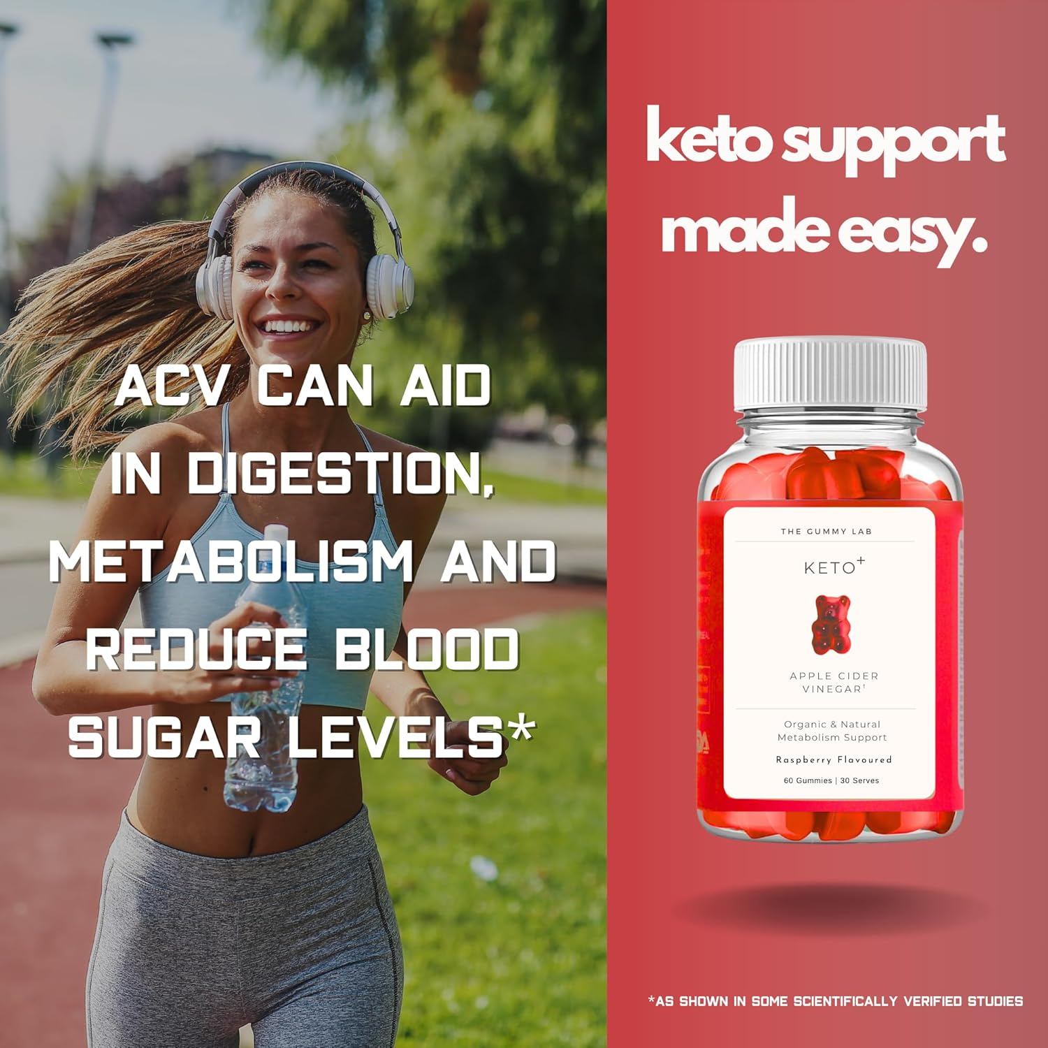Keto+ Support Gummies 1000Mg Apple Cider Vinegar, Raspberry Flavour, 60 Gummies, Supports Ketosis, Metabolism & Energy with ACV, Folate and Vitamin B2. Vegan, Natural & Organic. image number 5