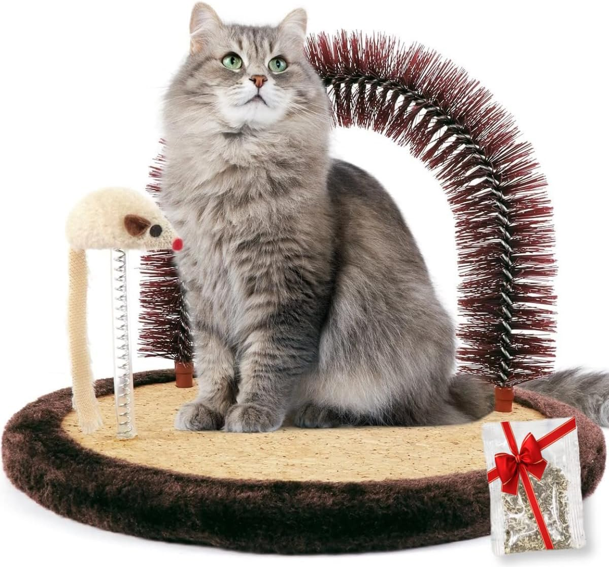 Happi N Pets Original Cat Self Groomer, Arch Grooming Brush Wtih Heavy Wooden Scratching Pad, Rubbing Post & Toy, Cat Face Scratchers Body Massager, Cat Scratchers for Indoor Cats, Brown