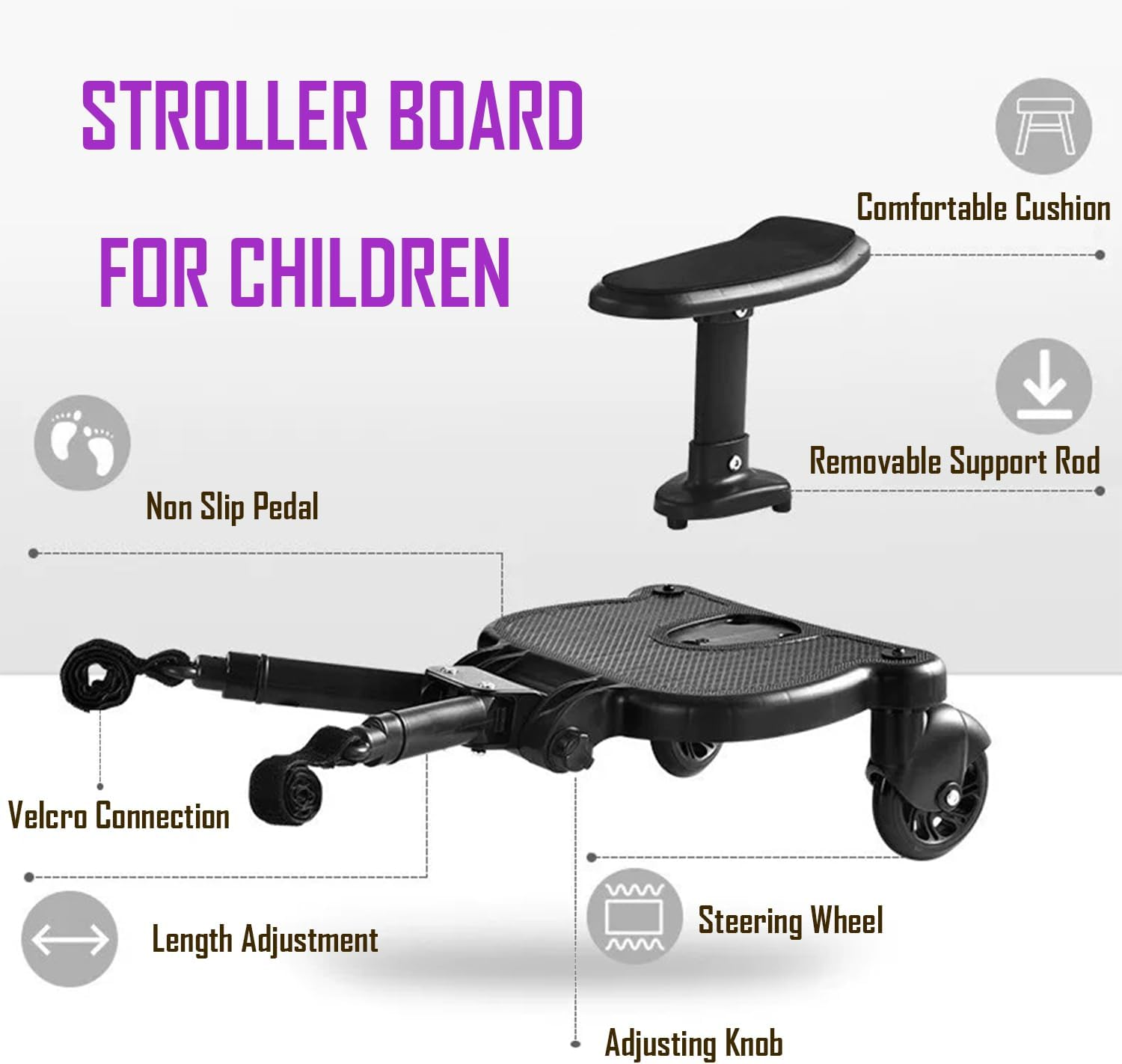 Universal Toddlers Stroller Board Kids Buggy Pushchair Jogger Travel Pram Buggy Board 2In1 Detachable Seat or Stand Ride-On Connector Pram Accessories image number 5