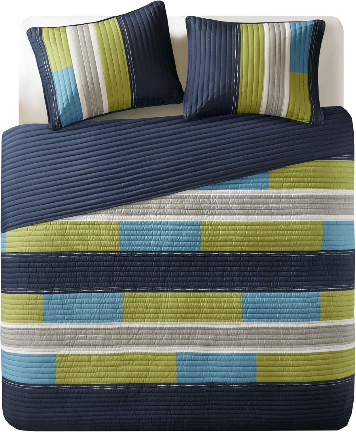 Comfort Spaces Quilt Set Trendy Casual Fun, Vibrant Color Design, Hypoallergenic All Season, Lightweight Coverlet Bedspread Cozy Kids Bedding & Sham Full/Queen Pierre Navy/Blue 3 Piece