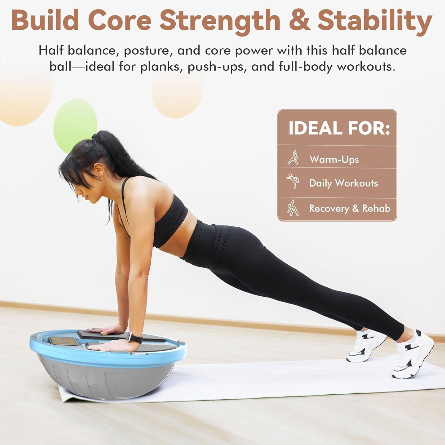 2-In-1 Half Balance Ball Trainer with App & Games, Exercise Balls Half Yoga Ball with Plank Board, Resistance Bands, Pump, Core Strength & Stability Workout Equipment for Home Gym, Pilates, Rehab image number 3