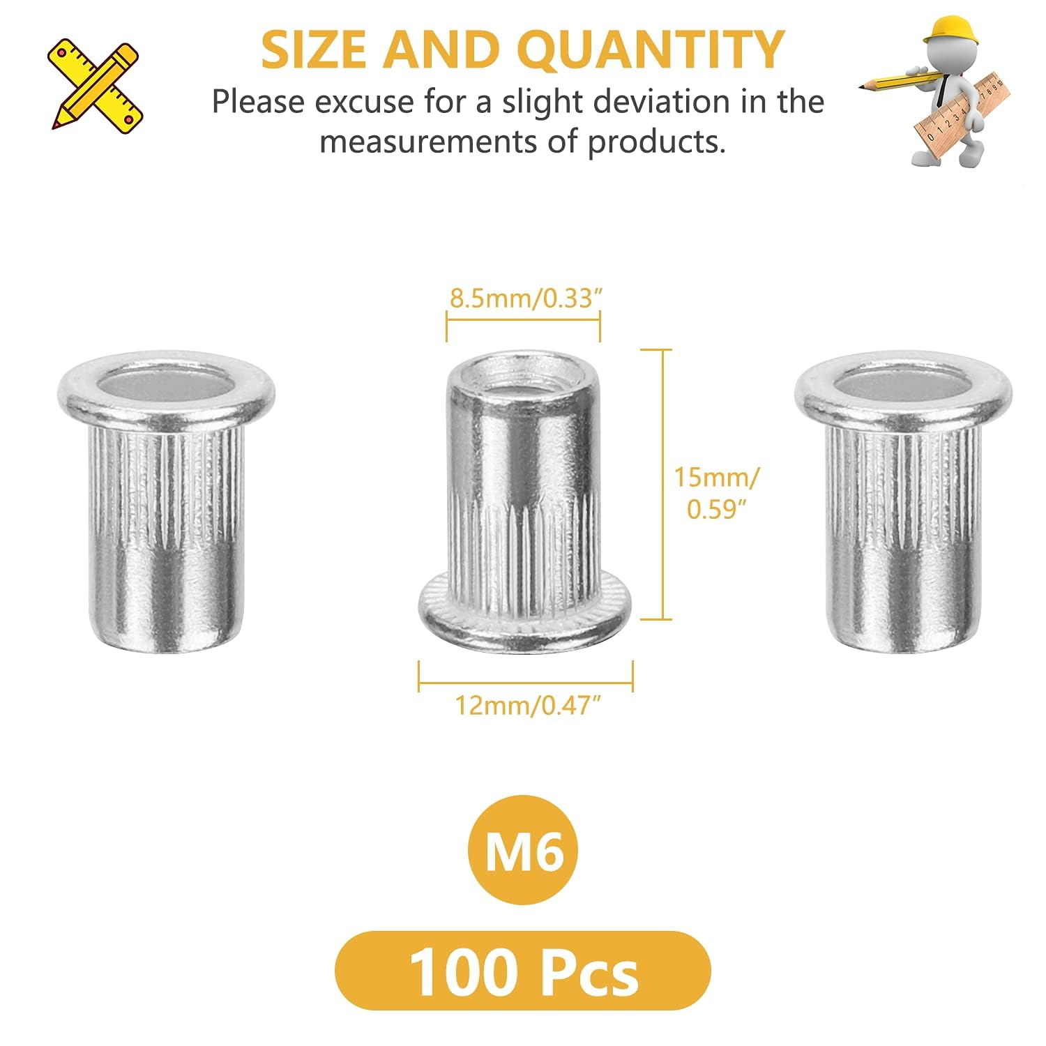 100 Pcs M6 Stainless Rivet Nuts, Rivnuts Set, Flat Head, Steel Rivet Nuts, for Automotive, Furniture, Decoration