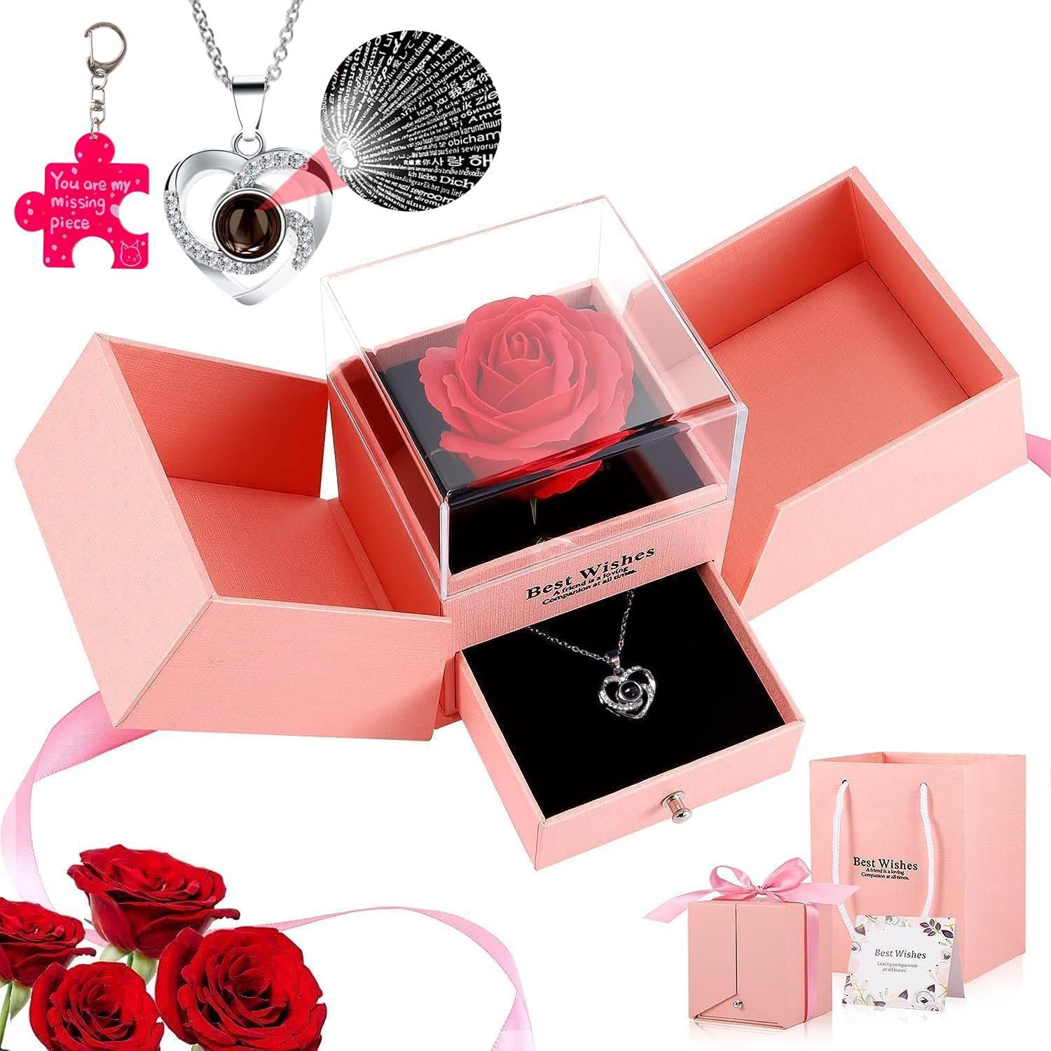 Preserved Red Real Rose with I Love You Necklace -Eternal Flowers Rose Gifts for Mom Wife Girlfriend Her on Anniversary Mothers Day Valentines Day Christmas Birthday Gifts for Women