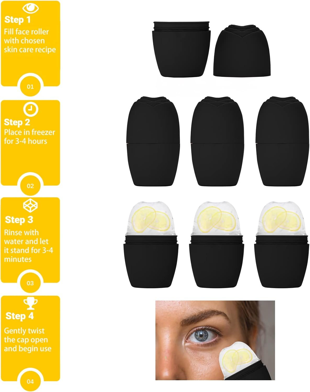 Facial Roller, Qewro Silicone Ice Facial Rollers for Tone Skin, Reusable Eye Puffiness Relief, Ice Roller Mold for Neck, Facial Roller to Remove Fine Lines Pores anti Wrinkles (Black) - Black image number 3