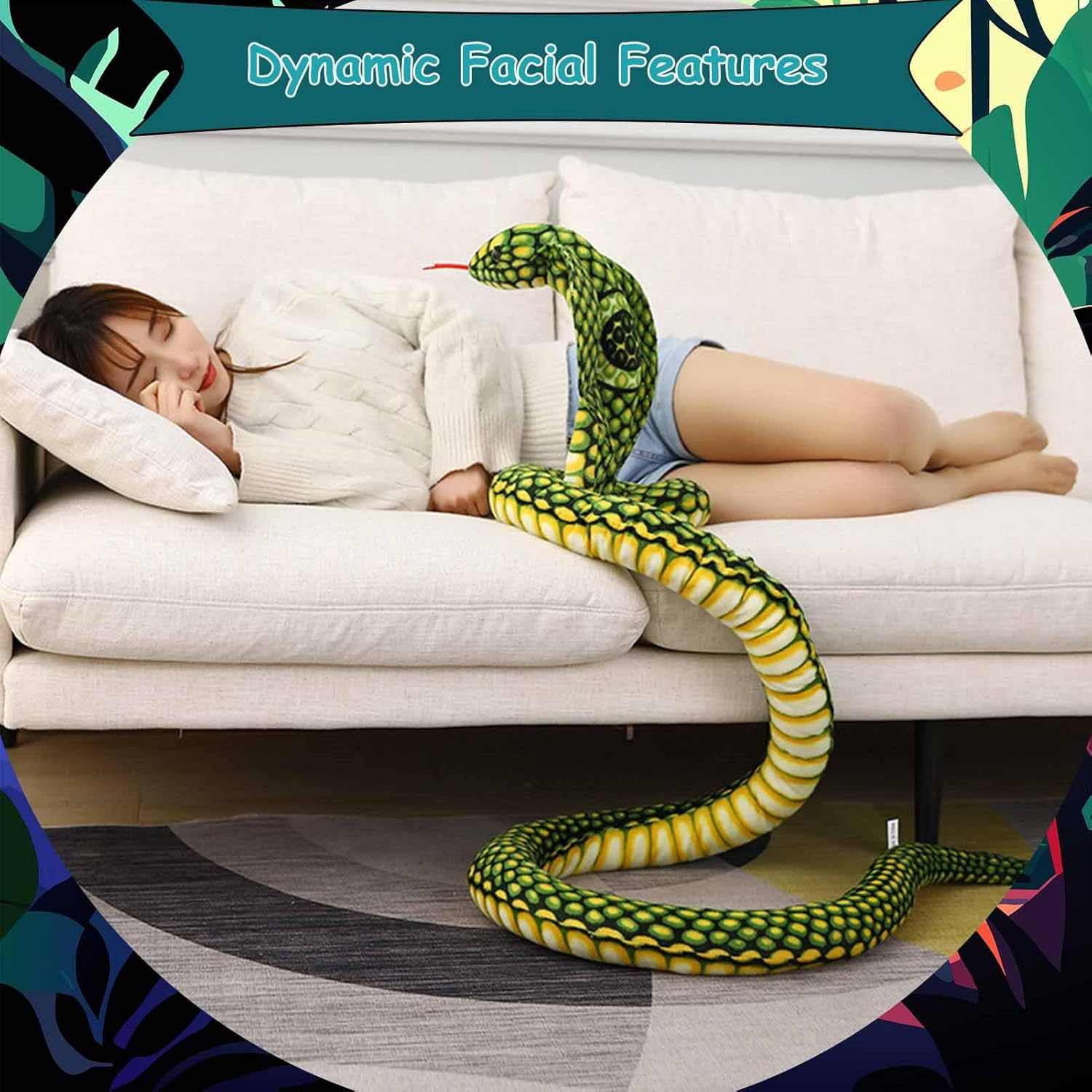 67 Inch Realistic Eyed Cobra Plush Toy,Large Snake Stuffed Animal for Pranks,Parties,And Decor(Green) image number 1