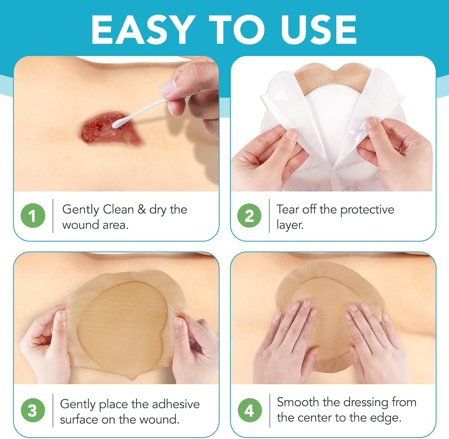 Silicone Foam Dressing with Border Adhesive 4"X4" - Silicone Ag Foam Dressing with Waterproof Gentle, Large Wound Dressing Bandage for Wound Care 5 Pack image number 2