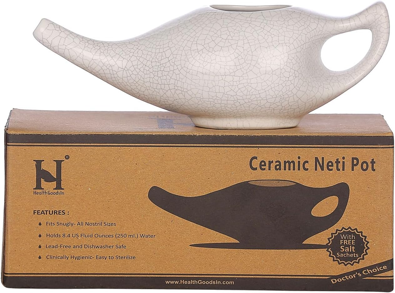 Crackle Pattern Ivory Ceramic Neti Pot for Nasal Cleansing | Travel-Friendly Design | Natural Treatment for Sinus, Infection and Congestion | Neti Pot with 5 Sachets of Neti Salt image number 2