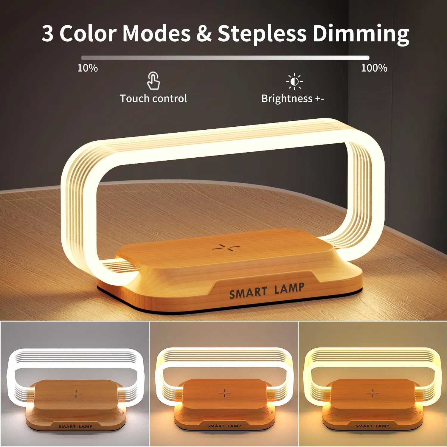 SNSUTY Portable Bedside Table Lamp with 15W Wireless Charger,Touch Control LED Night Light with Clock & USB Port, 3 Color Modes Dimmable Table Lamp Wooden Small Modern Nightstand Lamp Desk Lamp Gift image number 5