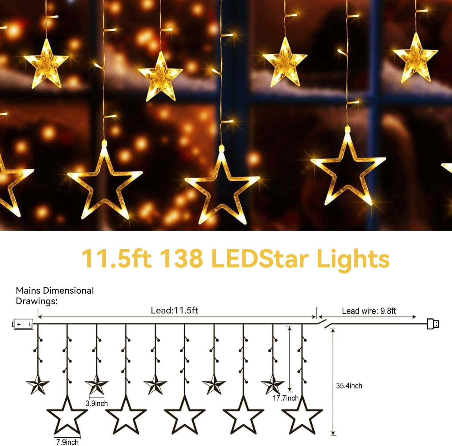 Theapro Curtain Fairy Lights 3.5 M 138 LED 12 Stars Battery Operated USB Powered with 8 Mode Waterfall Backdrop for Outdoor Indoor Bedroom Christmas Diwali Party Decorations (Warm White) - Multi-Color image number 7