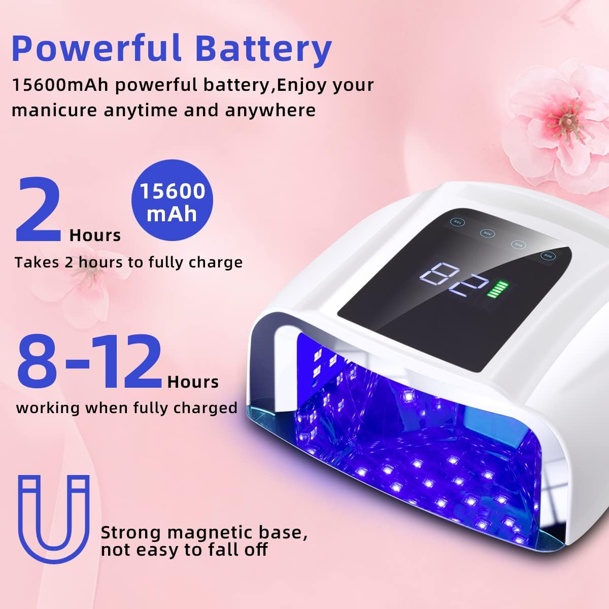 SUNYDOO 96W Rechargeable UV LED Nail Lamp,Cordless Nail Dryer with Removable Stainless Steel Bottom,Professional Curing Lamp for Fingernail and Toenail, Auto Sensor & Quick Dry Nail Machine (White) image number 3