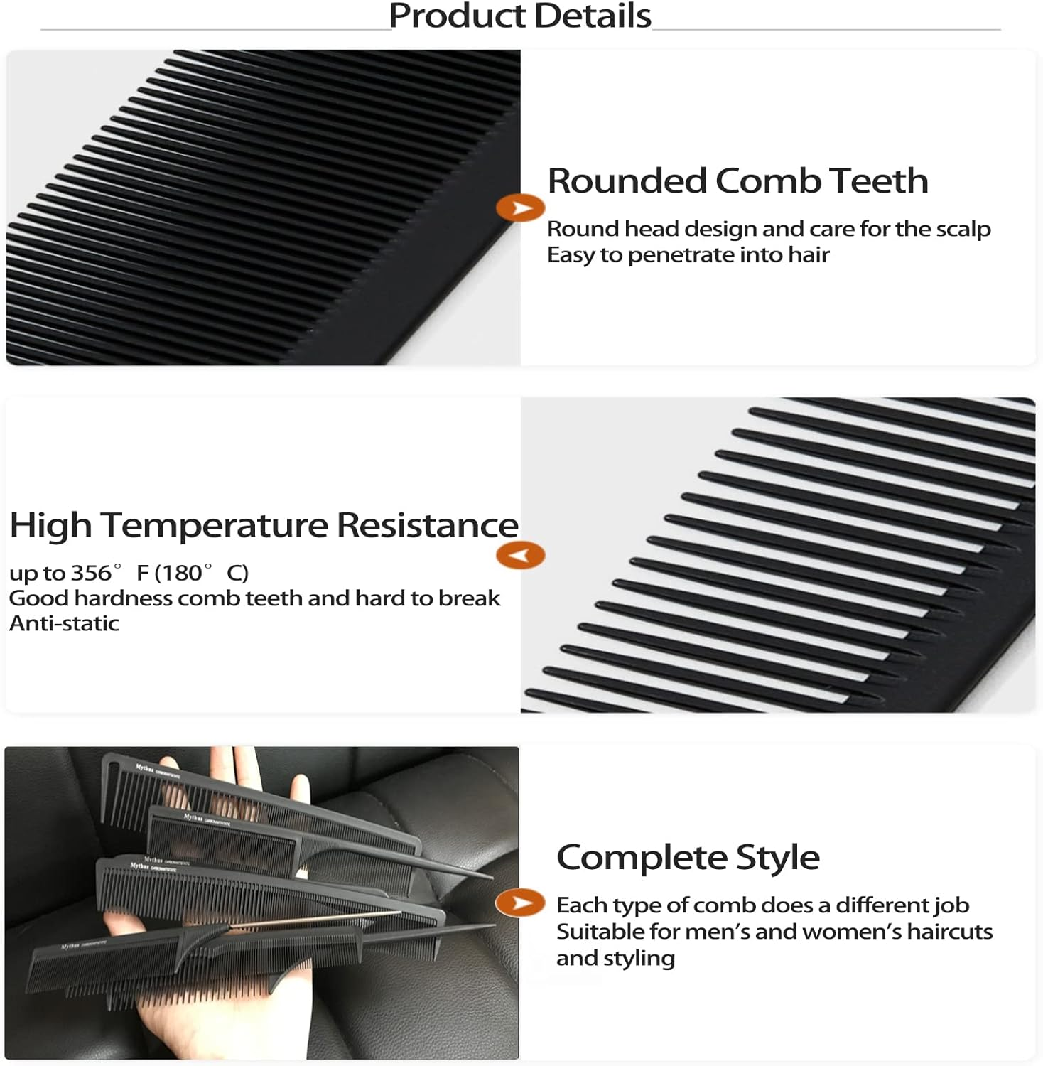 Mythus 9 Piece Black Hairdressing Carbon Comb Kit for Haircut anti Static image number 4