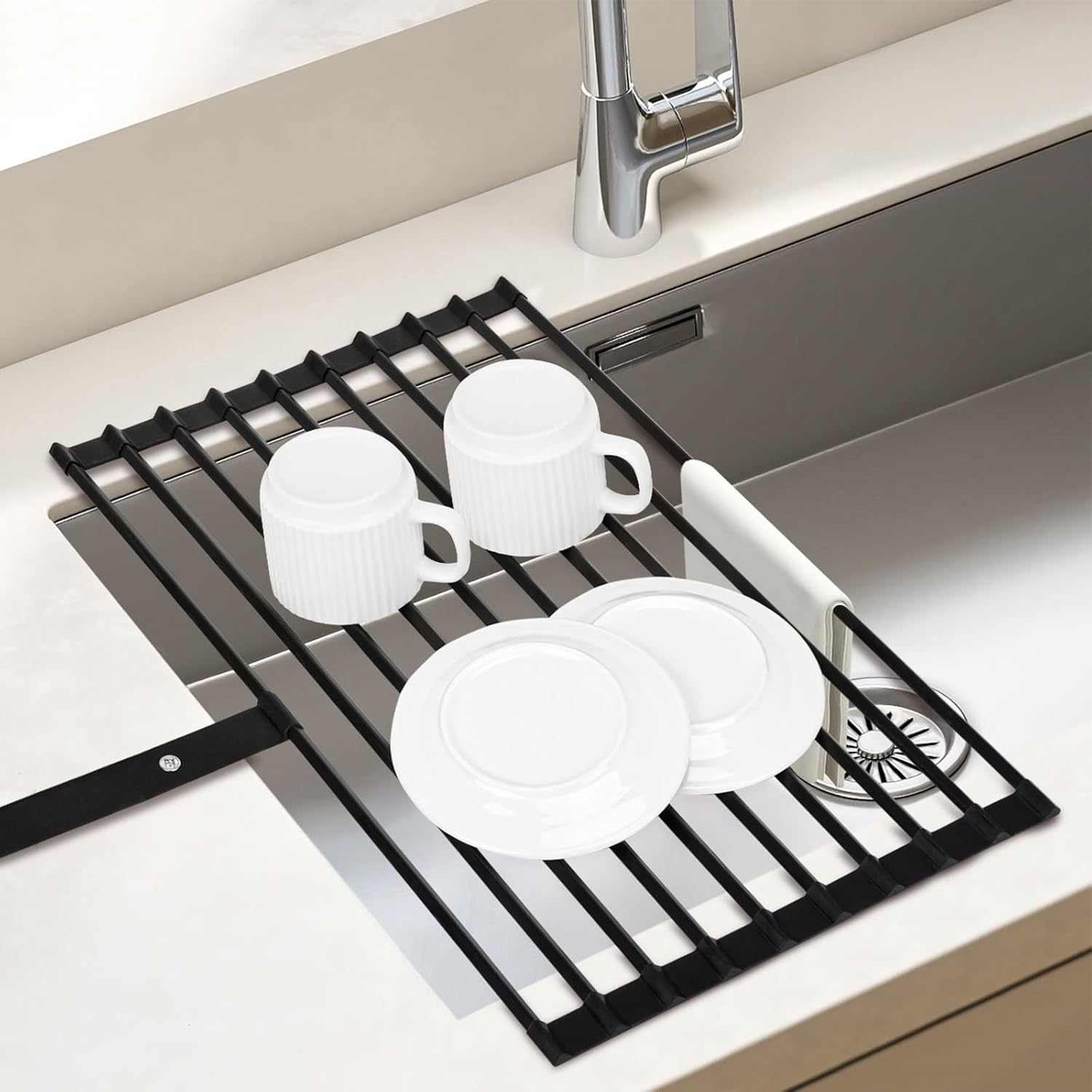Euqvunn Roll Dish, Large Foldable Sink Drainer Mat Rack with Anti-Slip Silicone Edges and Strap, for Drying Plates, Bowls, Cups, 51X32Cm, Black image number 6