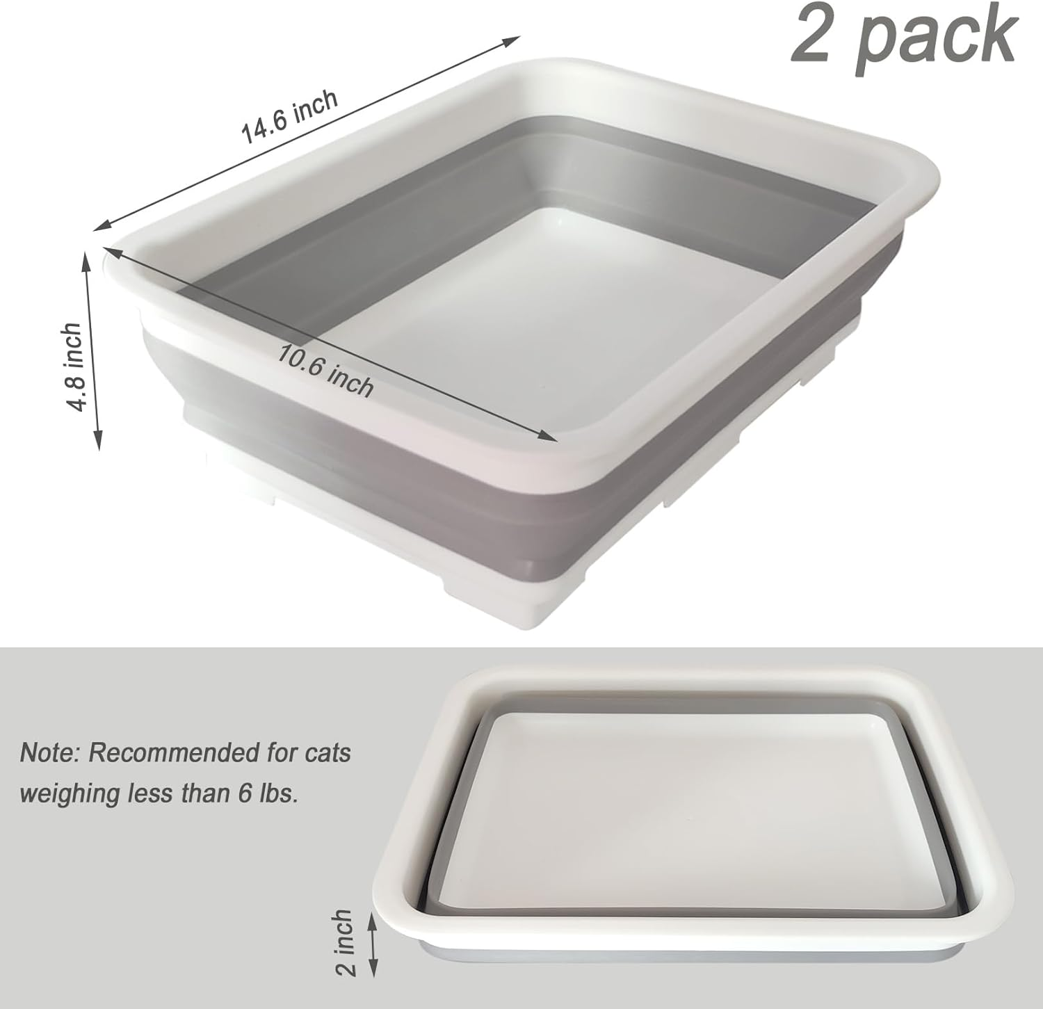 2 Pack Collapsible Small Cat Litter Box, Open Kitten Litter Potty Pan Low Entry Pet Kitty Toilet Foldable Waterproof Travel Toilet for Sick Frail Kitty 14.6 X 10.6 X 4.8 Inches Grey image number 1