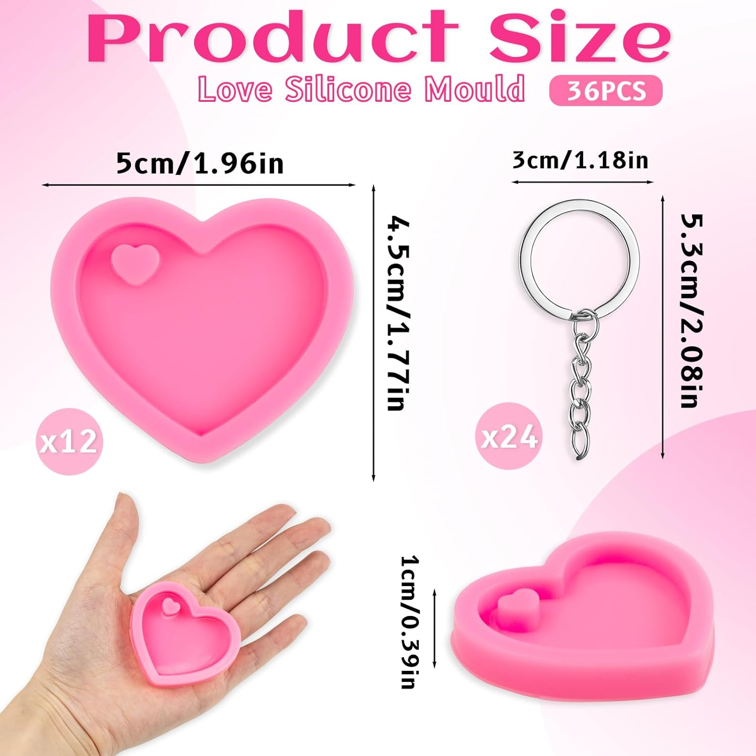 12 Pcs Heart Resin Silicone Keychain Molds with Hole, Valentine'S Day Mould, Keychain Mould Crafts Epoxy Resin with 24 Pcs Key Rings for DIY Decoration, Homemade Dessert (Pink) image number 4