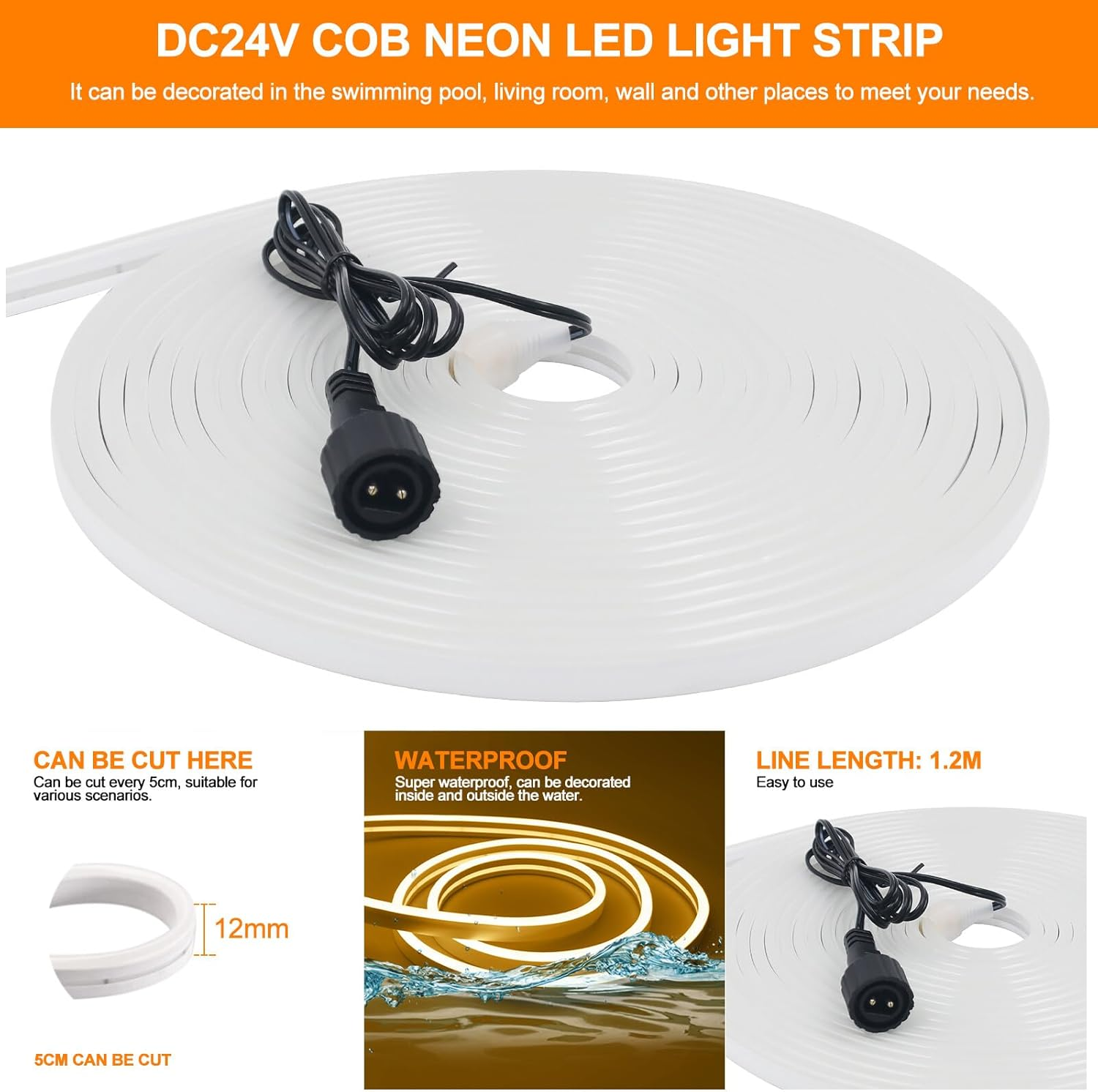 XUNATA 24V Solar/Usb COB Neon Flex Light - IP68 Waterproof 2835 SMD 120Leds/M LED Strip, Indoor/Outdoor Use (Cold White,2M) image number 6